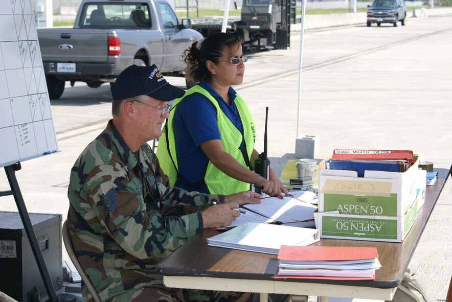 Tech. Sgt. Carl Roach, 482nd Maintenance Squadron and Ms. Juanita Arreundo, Satellite Services Inc., supervise cargo processing during the 482nd Fighter Wing phase 1 mobility exercise on Oct. 3.  The three day exercise is conducted each year to evaluate the wing’s transition from peacetime readiness into a wartime posture, test the wing’s installation deployment plan and help Airmen hone their skills. (U.S. Air Force photo/Tim Norton) 