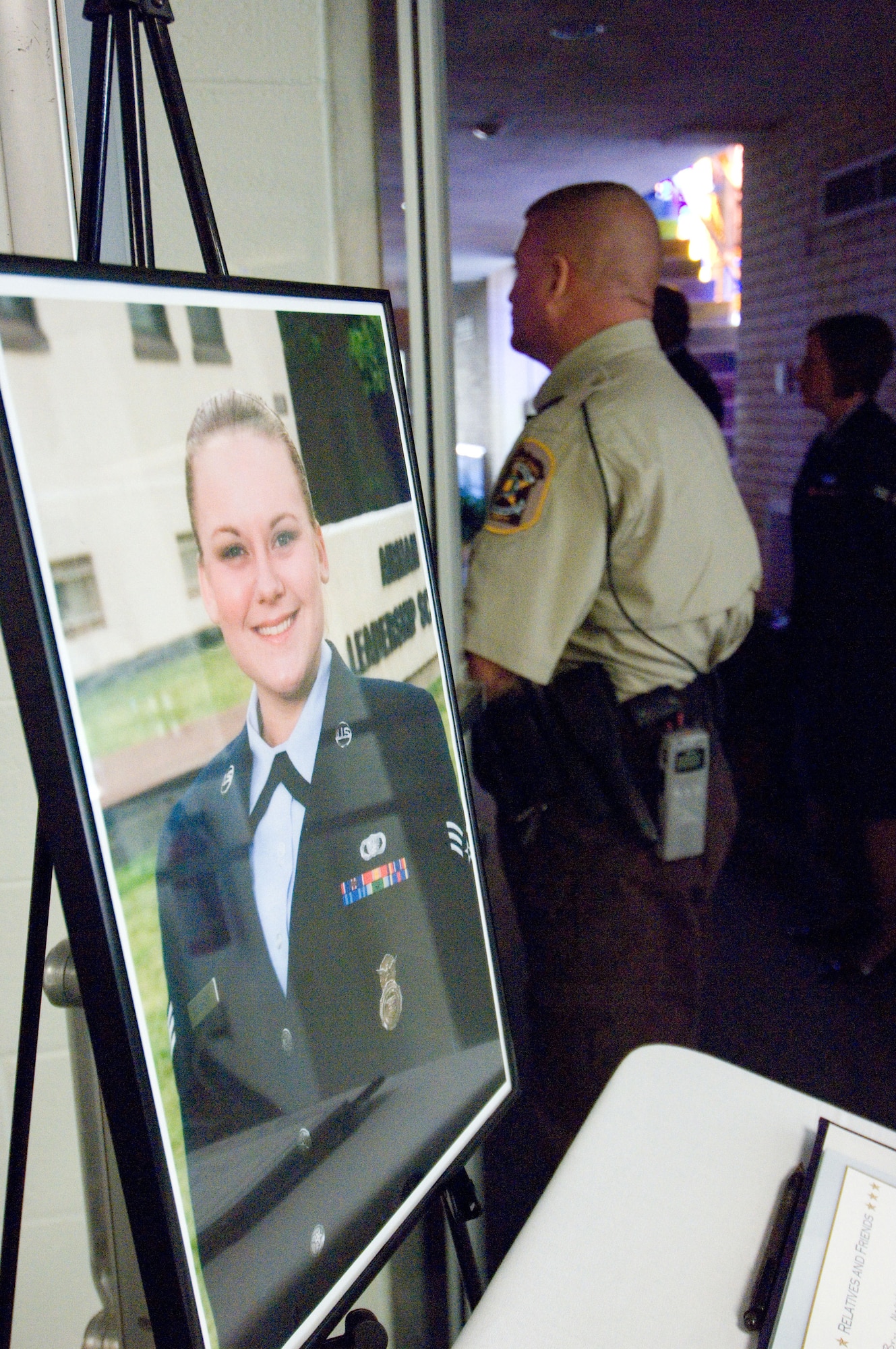 Members of local law enforcement agencies, the 42nd Security Forces Squadron and  Maxwell-Gunter community leaders gathered Tuesday at Chapel 2 to remember Senior Airman Samantha Sculthorpe, who died Sept. 25 in an automobile accident. (Air Force photo by Melanie Rodgers)