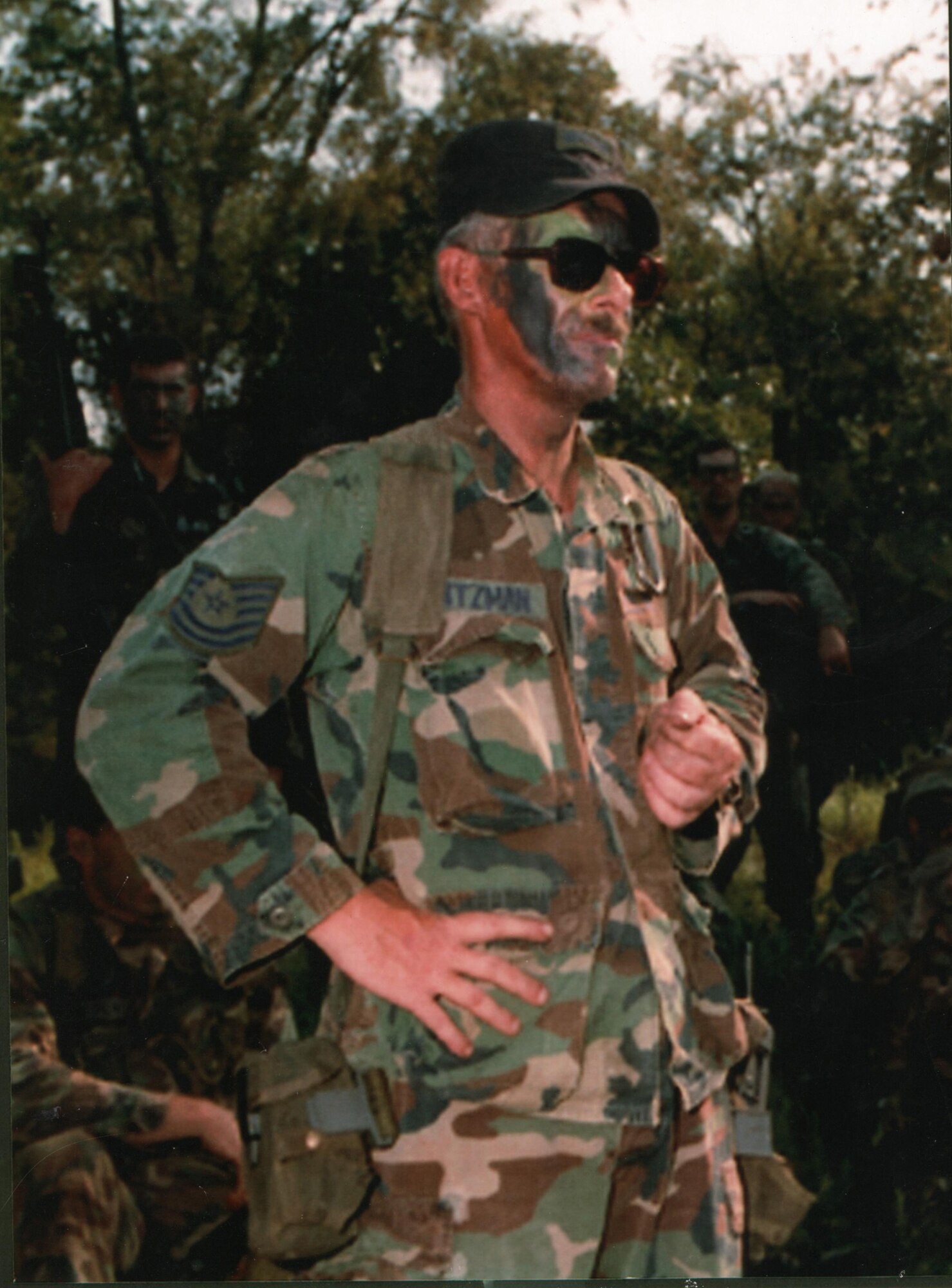Former Tech. Sgt. Reynolds A. Kuntzman is all ready with warrior paint while working in the field as a member of the then-Air Mobility Warfare Center's 421st Ground Combat Readiness Squadron in 1995 on a Fort Dix, N.J., range.  Sergeant Kuntzman died on June 9, 1995.  After his death, the center's leadership created the Reynolds A. Kuntzman Duty Performance Award given annually to an Airman in the grades of E-1 through E-6 recognizing superior duty performance in support of the center's mission and community.  (Photo courtesy of the Kuntzman family)