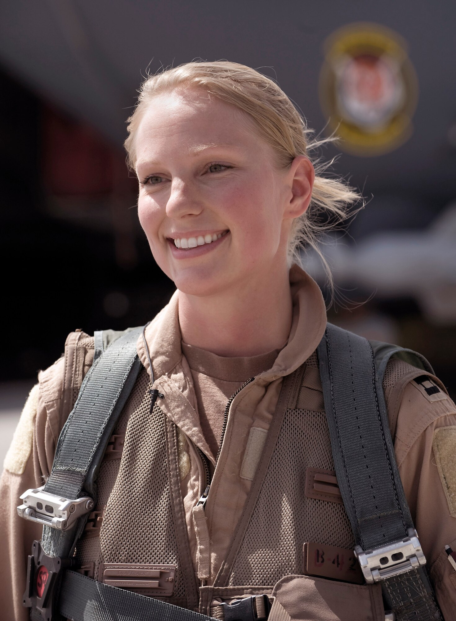 Capt. Vanessa Mahan pauses after returning from a mission Sept. 15 at Bagram Airfield, Afghanistan. Captain Mahan is a F-15E Strike Eagle weapons systems officer deployed to the 455th Air Expeditionary Wing in Afghanistan from Seymour Johnson Air Force Base, N.C. She is from St. John, Ind. (U.S. Air Force photo/Master Sgt. Keith Brown) 
