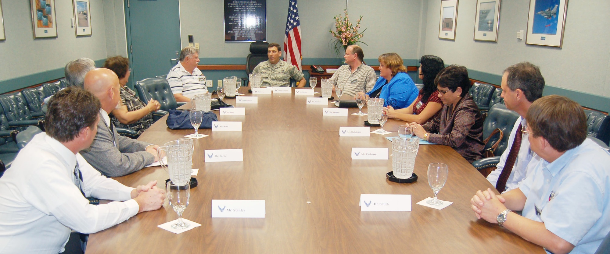 EGLIN AIR FORCE BASE, Fla. -- Col. Rick LoCastro, 96th Air Base Wing vice commander (middle), explains Eglin's mission with tribe representatives and members of the 96 Civil Engineer Group.  The group was later joined by Col. Arnold Bunch, Air Armament Center vice commander, for lunch. /U.S. Air Force photo by Jerron Barnett