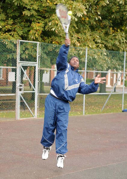 Wayne Gordon a communications project manager from the 100th Communications Squadron, serves the match winning point during a tennis match in support of “Wing Sports Day” Oct. 2, at RAF Mildenhall. Wing Sports Day is a day of fun and friendly competition, where Airmen from their respective work centers work together to compete for the top spot and a year’s worth of bragging rights. (U.S. Air Force photo by Staff Sgt. Jerry Fleshman)