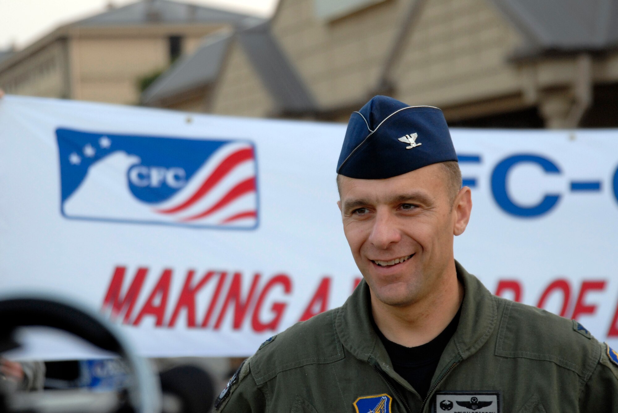 Colonel Bryan "Wolf" Bearden, 8th Fighter Wing Commander, prepares for an interview during the kickoff of the Combined Federal Compaign  at Kunsan Air Base, S. Korea, 01 October 2008.  (U.S. Air Force photo/Staff Sgt. Jason Colbert)