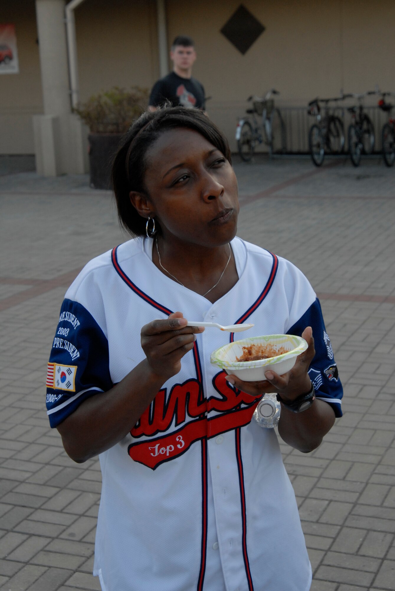 MSgt Taniekia Coleman, 8 FSS, contemplates the taste of the chilli she's judging during the kickoff of the Combined Federal Compaign  at Kunsan Air Base, S. Korea, 01 October 2008.  (U.S. Air Force photo/Staff Sgt. Jason Colbert)