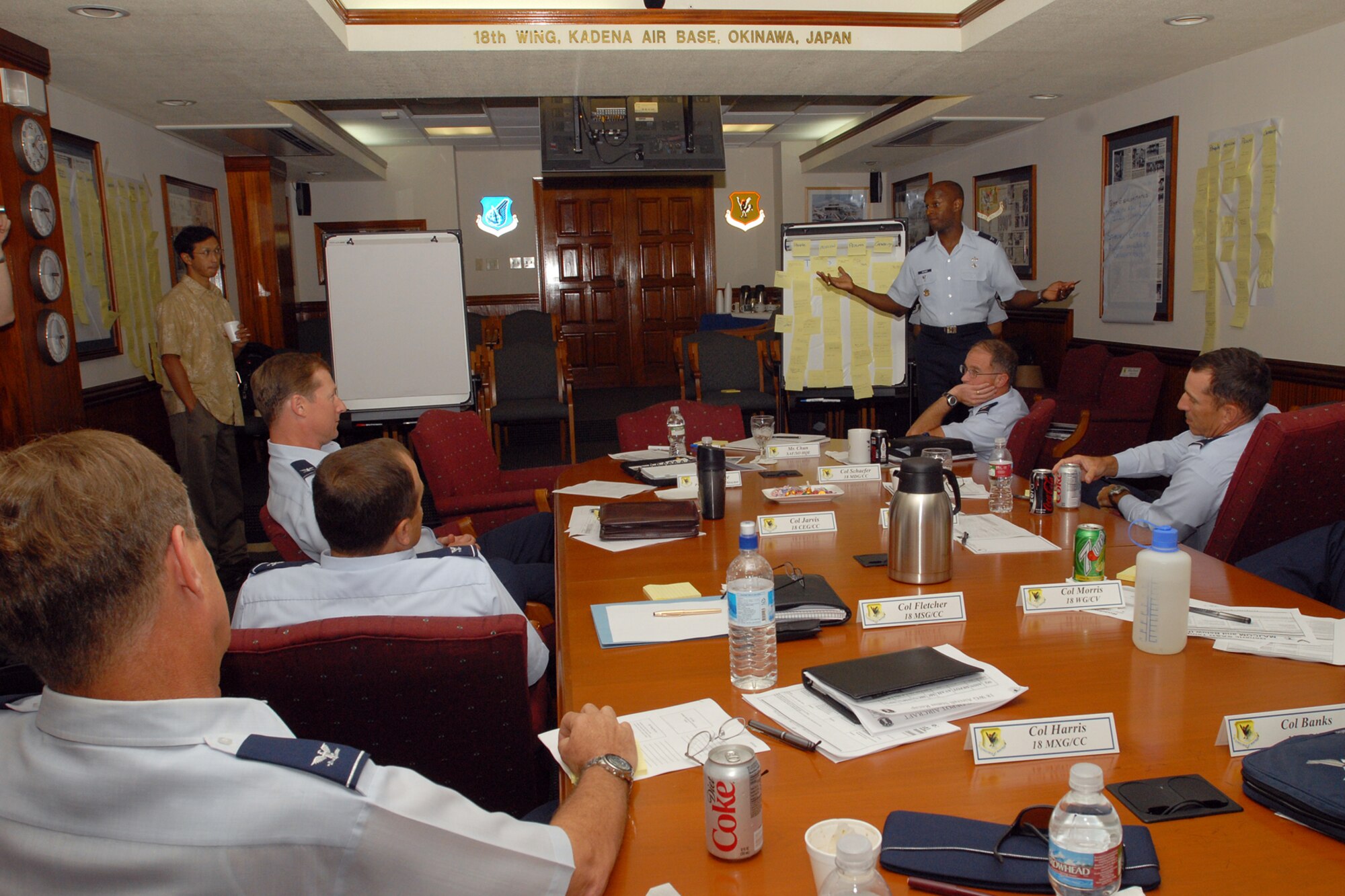 Colonel Cedric George, director of Pacific Air Forces AFSO 21, speaks to 18th Wing senior leadership during a SWOT analysis session held at Kadena Air Base, Japan Sept. 29, 2008. The session allowed Kadena leaders to assess the base's strengths and weaknesses in order more effectively align goals and priorities with those of PACAF and the Air Force. (U.S. Air Force photo/Airman 1st Class Chad Warren)