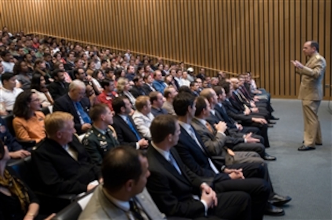 U.S. Navy Adm. Mike Mullen, chairman of the Joint Chiefs of Staff, addresses master of business administration students during the Wharton Leadership Lectures at the University of Pennsylvania Wharton School of Business, Philadelphia, Oct. 2, 2008.