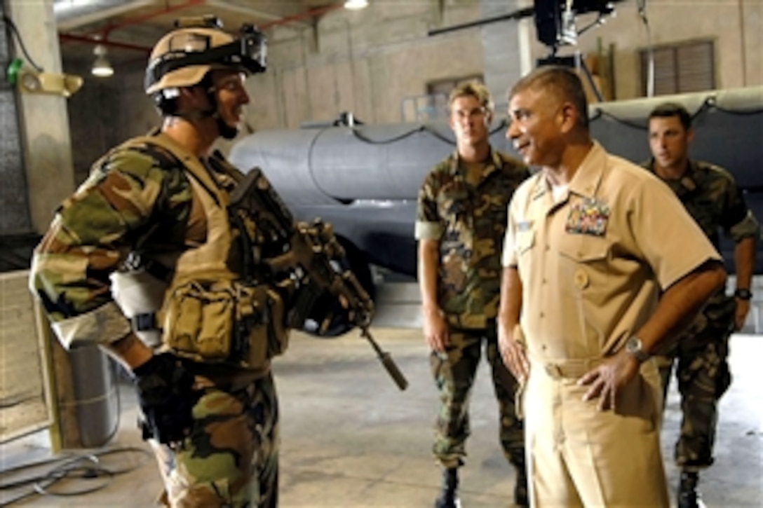 U.S. Navy Master Chief Petty Officer of the Navy Joe R. Campa Jr. speaks with sailors attached to Naval Special Warfare Group 1 during a tour of their spaces in Guam, Oct. 3, 2008.
