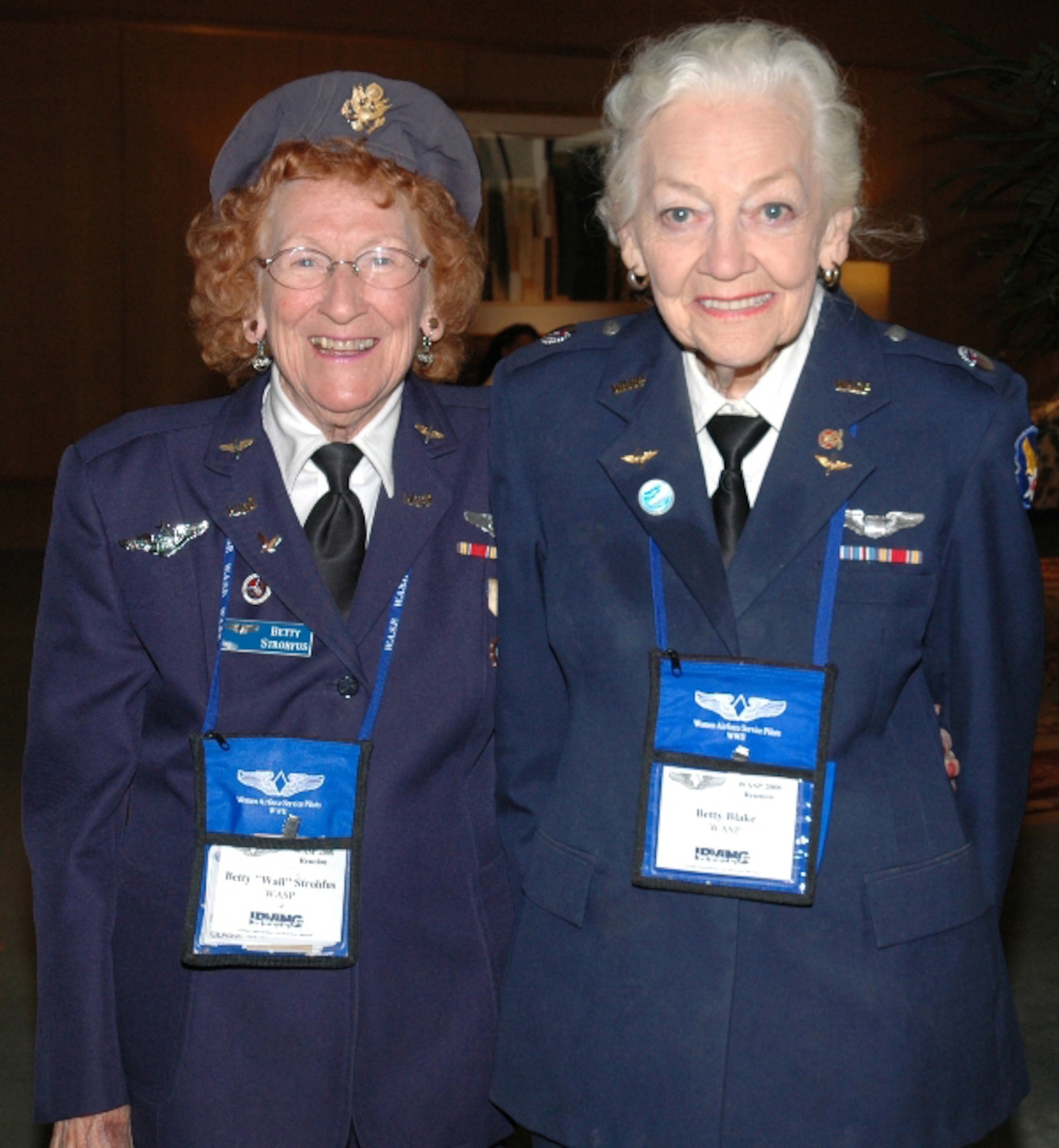 Former WASP members, Betty Strohfus and Betty Blake pose for a photograph prior to a dinner in their honor. (U.S. Air Force Photo by Staff Sgt. Jay Ponder