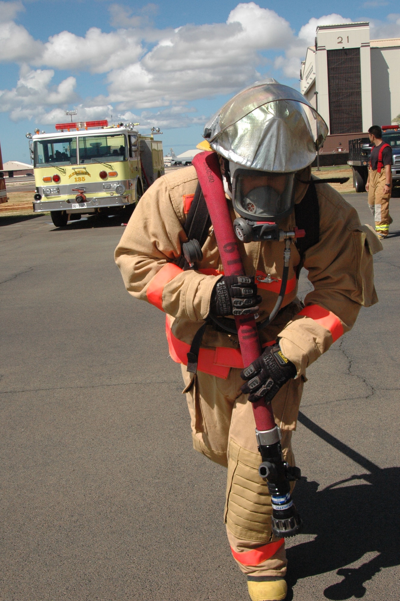 624th Civil Engineer fire fighters practice their critical skills through a ten station confidence course Oct. 10 Hickam Air Force Bases, Hawaii. The fire fighters demonstrated their ability to navigate obstacles, pull hoses, climb ladders and rescue victims within a limited time period. The 624th CES fire fighters are a part of the 624th Regional Support Group headquartered at Hickam.