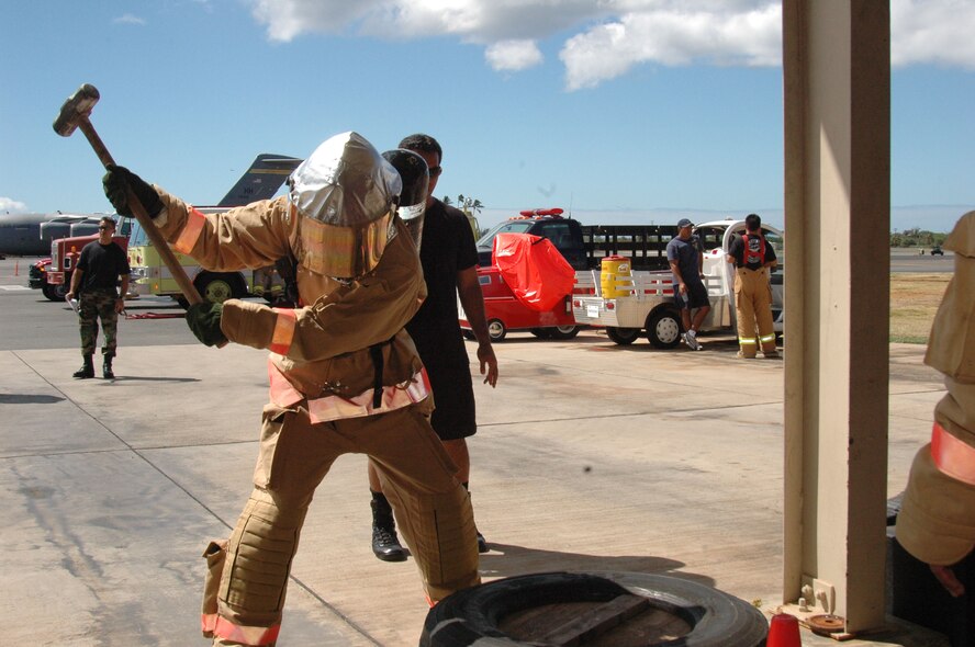 624th Civil Engineer fire fighters practice their critical skills through a ten station confidence course Oct. 10 Hickam Air Force Bases, Hawaii. The fire fighters demonstrated their ability to navigate obstacles, pull hoses, climb ladders and rescue victims within a limited time period. The 624th CES fire fighters are a part of the 624th Regional Support Group headquartered at Hickam.