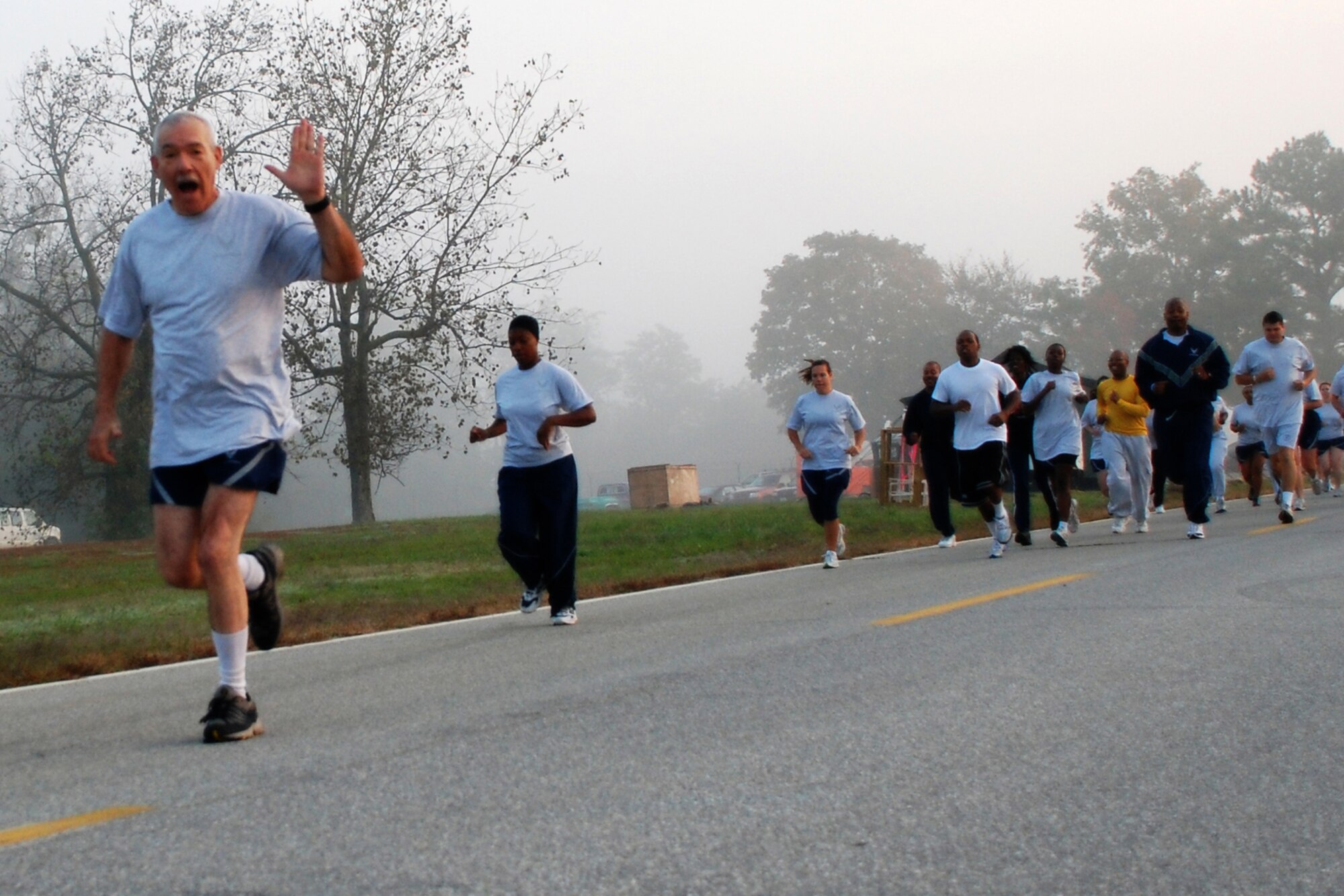 ANDREWS AIR FORCE BASE, Md. --Lt. Col. Michael E. Laughton, 459th Air Refueling Wing executive officer, leads the charge during the fitness test run here Oct. 5. (U.S. Air Force photo/Tech. Sgt. Eric Sharman)