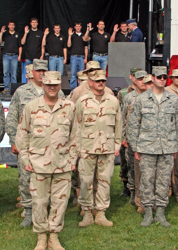 PITTSBURGH, Pa. -- Airmen from the 911th Airlift Wing and the 171st Air Refueling Wing stand in formation at Point State Park, Pittsburgh, Oct. 8. Brig. Gen. Roy E. Uptegraff III, commander of the 171st Air Refueling Wing, swears in new recruits to the Pa. Air National Guard during a ceremony at the Pittsburgh 250th Anniversary celebration.