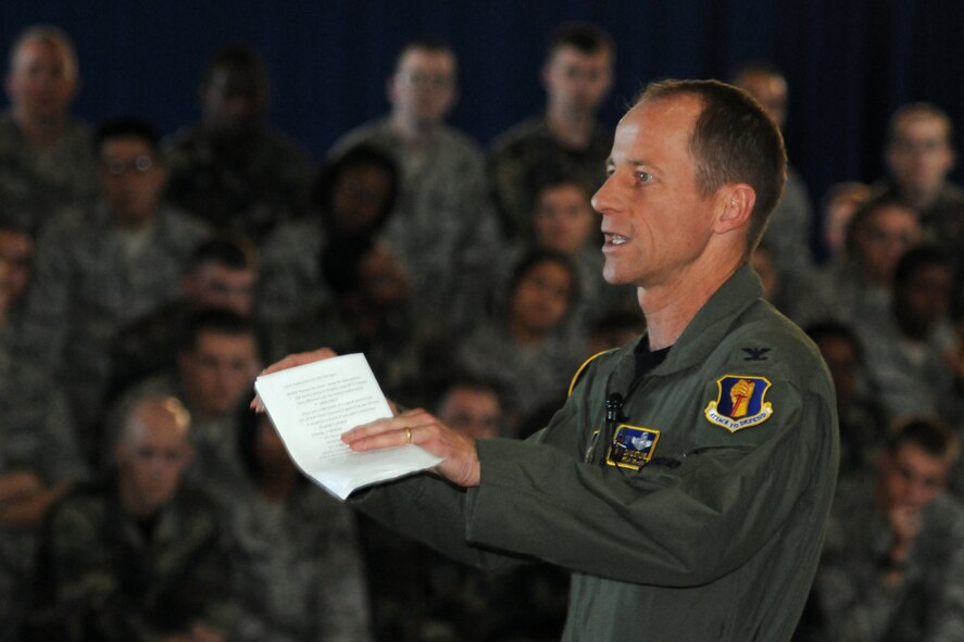 MISAWA AIR BASE, Japan -- Col. David Stilwell, 35th Fighter Wing commander, addresses Airmen during a commander's call Oct. 3, 2008. This was Colonel Stilwell's first commander's call since assuming command of the wing in August. (U.S. Air Force photo by Airman 1st Class Jamal. D. Sutter)
