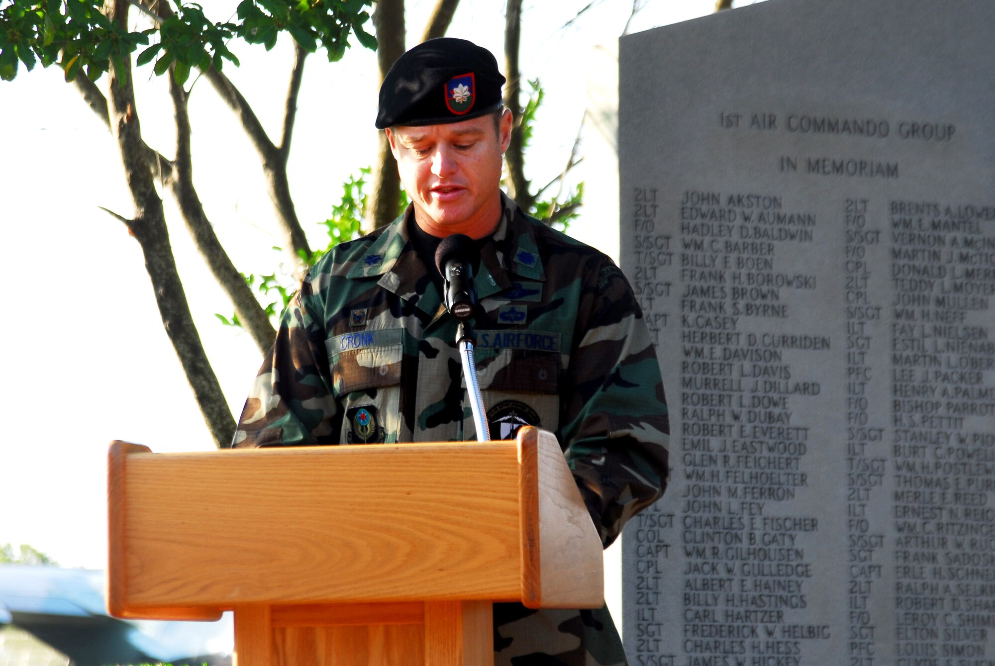 Lt. Col. Christopher Cronk, 17th Air Support Operations Squadron commander, speaks during the ceremony to signify the transition of the 17th from Air Combat Command to Air Force Special Operations Command. "Not only am I the commander of the best TACP squadron in the Air Force, but now we join the ranks of the most outstanding group in the Air Force," said the colonel. The squadron provides terminal attack control and liaison services. (U.S. Air Force photo/Senior Airman Sheila DeVera)