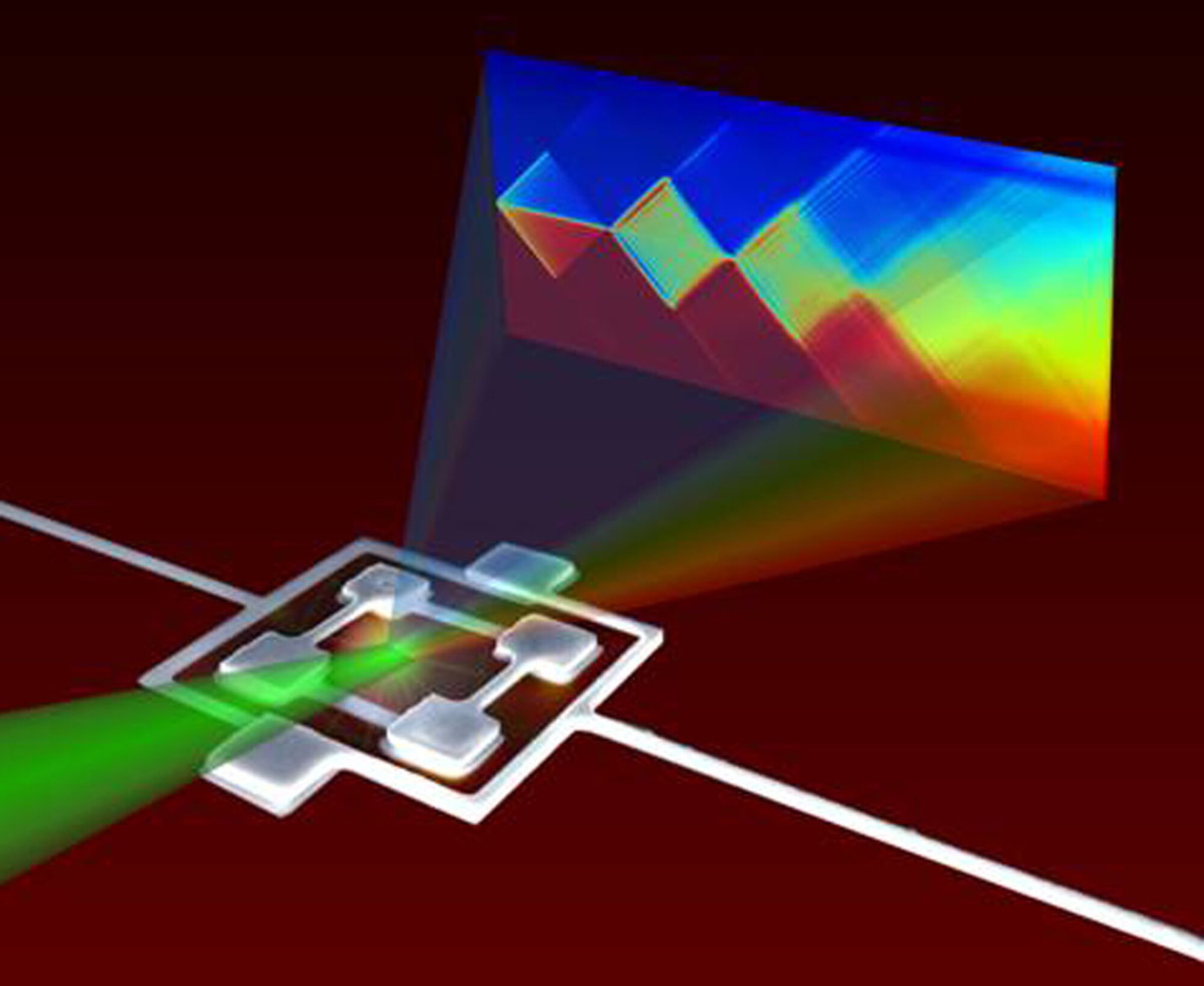 This is a conceptual illustration of amplitude spectroscopy probing a superconducting artificial atom (white object) via a microwave magnetic field with a fixed frequency (green beam). Changing the amplitude of those microwaves generates rich interference patterns (projection), the spectroscopy diamonds, which serve as a “fingerprint” of the atom’s energy level structure and allow its inference over an extraordinarily broad range of energies. (Credit: S.O. Valenzuela and W.D. Oliver, MIT)