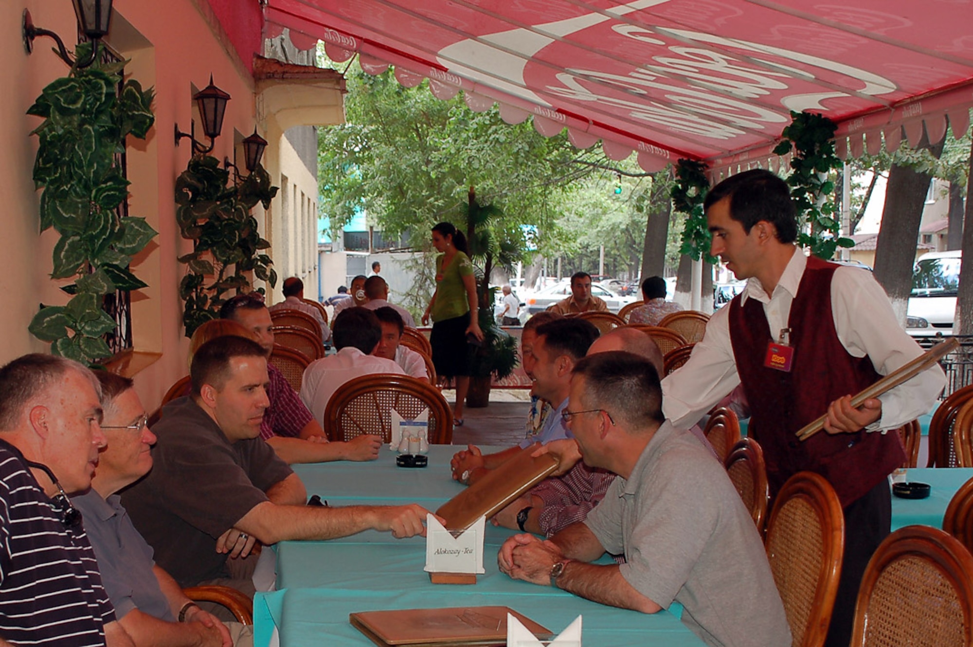 Manas servicemembers place their lunch orders at a local resturant in Bishkek. Deployed servicemembers to Manas have an unique opportunity through the base International Tours and Travel office to frequent more than 40 locations ranging from hiking, horseback and dining trips throughout the country and city of Bishkek. (U.S. Air Force photo/Maj. Damien Pickart)
