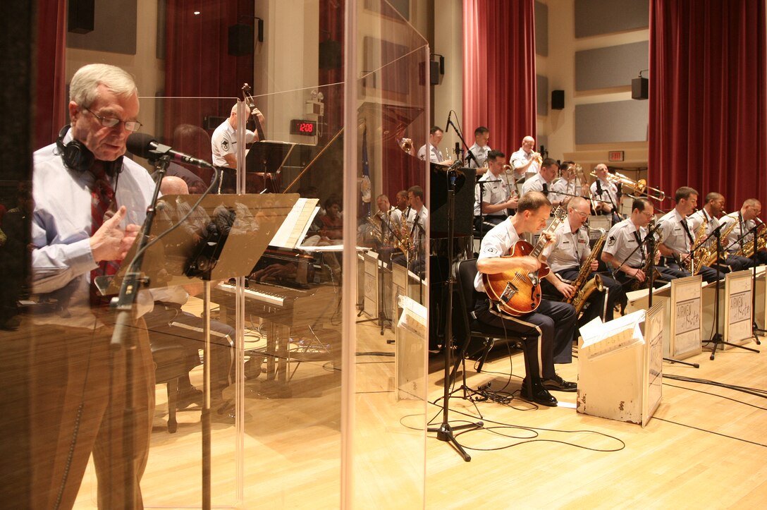 Dick Golden, 40-year radio veteran, reads the opening script Oct. 3, for a U.S. Air Force Band’s Airmen of Note recording. The Airman of Note was recording as part of their Jazz Heritage Series.  (courtesy photo)
