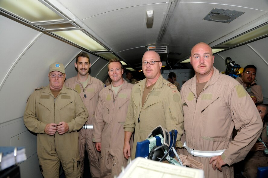 SOUTHWEST ASIA -- Members of the 965th Expeditionary Airborne Air Control Squadron pose for a quick group photo before going on a mission in support of the global war on terrorism here Oct. 4. The personnel shown are from Canada, Australia and the United Kingdom. This is an exchange program allowing coalition forces to learn from each other both in their respective countries and in a deployed operational environment. This unit is currently deployed from Tinker Air Force Base, Okla. (U.S. Air Force photo/Tech. Sgt. Christopher A. Campbell)(released)