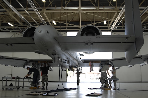 MOODY AIR FORCE BASE, Ga. -- After identifying structural cracks on thin skinned A-10s and A-10C Thunderbolt II models the Air force has issued a systematic identification of certain affected airframes by corresponding tail number here Oct. 4. The inspection is necessary for the safety of aircrews and to bring our aging A-10 fleet back to health.  The A-10 is a valuable asset to joint warfighters because of its unique capabilities to deliver precision-guided weapons at high altitudes and provide low altitude close air support. (U.S. Air Force Photo taken by SrA Javier Cruz) 