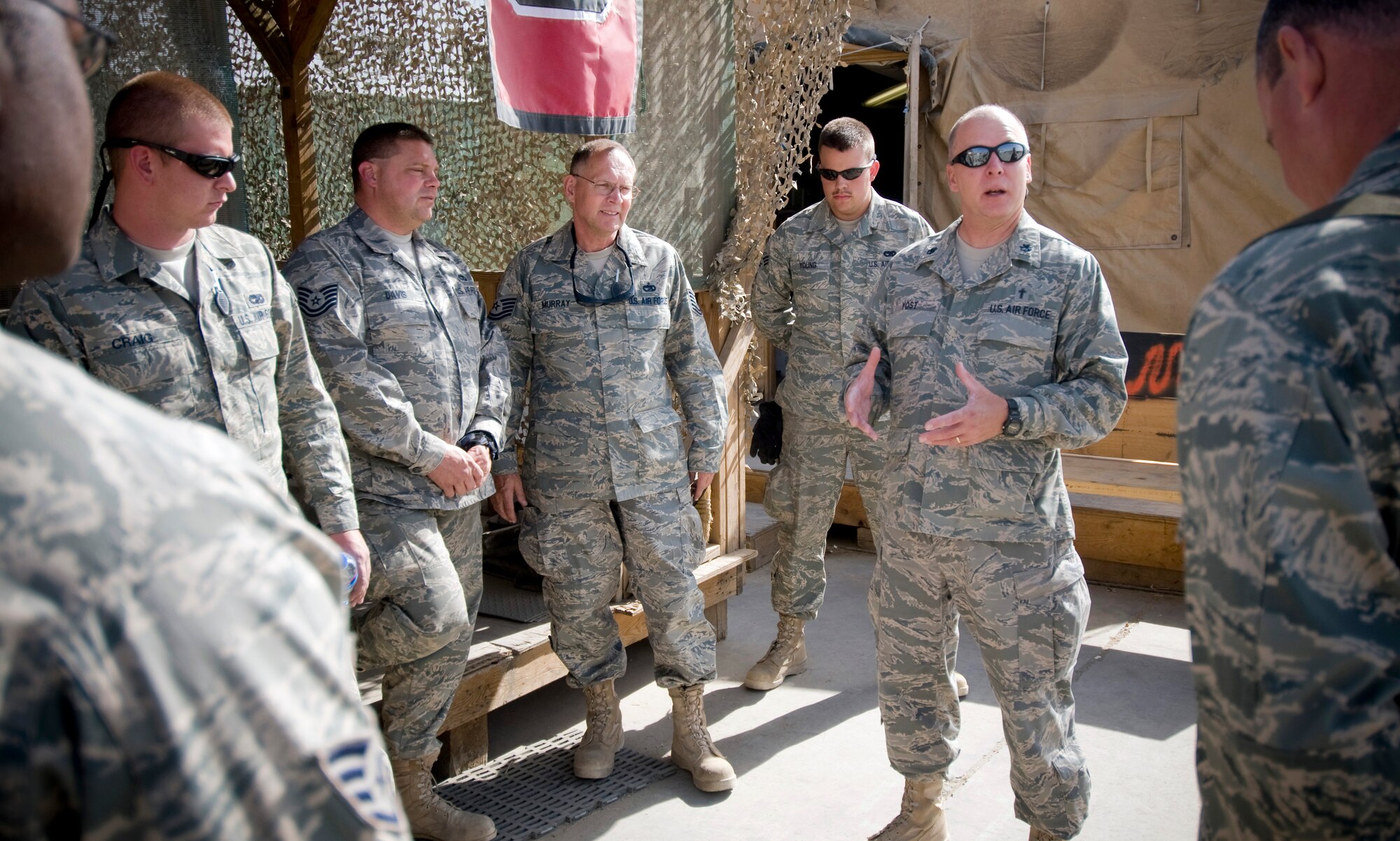 Chaplin Carl Yost, 455th AEW Chaplain, takes time to remind members of the 455 ELRS Aerial Port Flight how important their job is to the mission. (U.S. Air Force photo/courtesy photo)  
