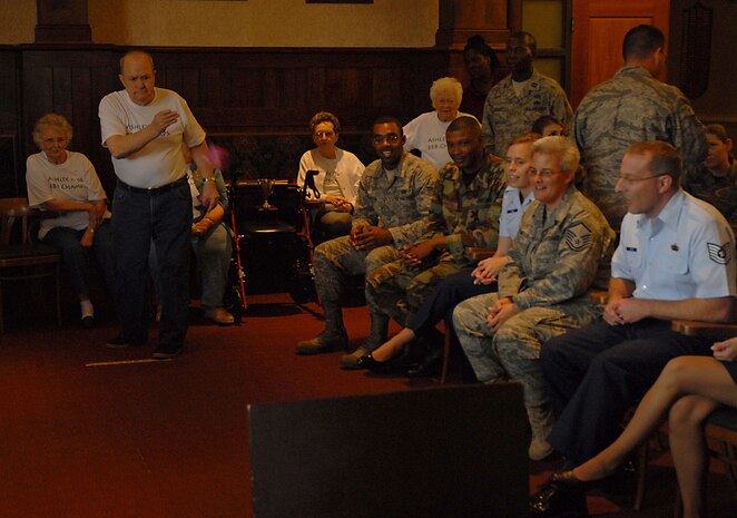Glen Jennings tries for a home run during a game of beanbag baseball at the Charleston Club Oct. 3. The 437th Operations Support Squadron meets quarterly with members from the Ashley Park Retirement Community for lunch and a game of beanbag baseball. Mr. Jennings is from the Ashley Park Retirement Community. (U.S. Air Force photo/Airman 1st Class Melissa White)