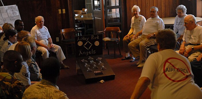Lo is Knowles goes for a home run during a game of beanbag baseball at the Charleston Club Oct. 3 The 437th Operations Support Squadron meets quarterly with members from the Ashley Park Retirement Community for lunch and a game of beanbag baseball. Ms. Knowles is from the Ashley Park Retirement Community. (U.S. Air Force photo/Airman 1st Class Melissa White)