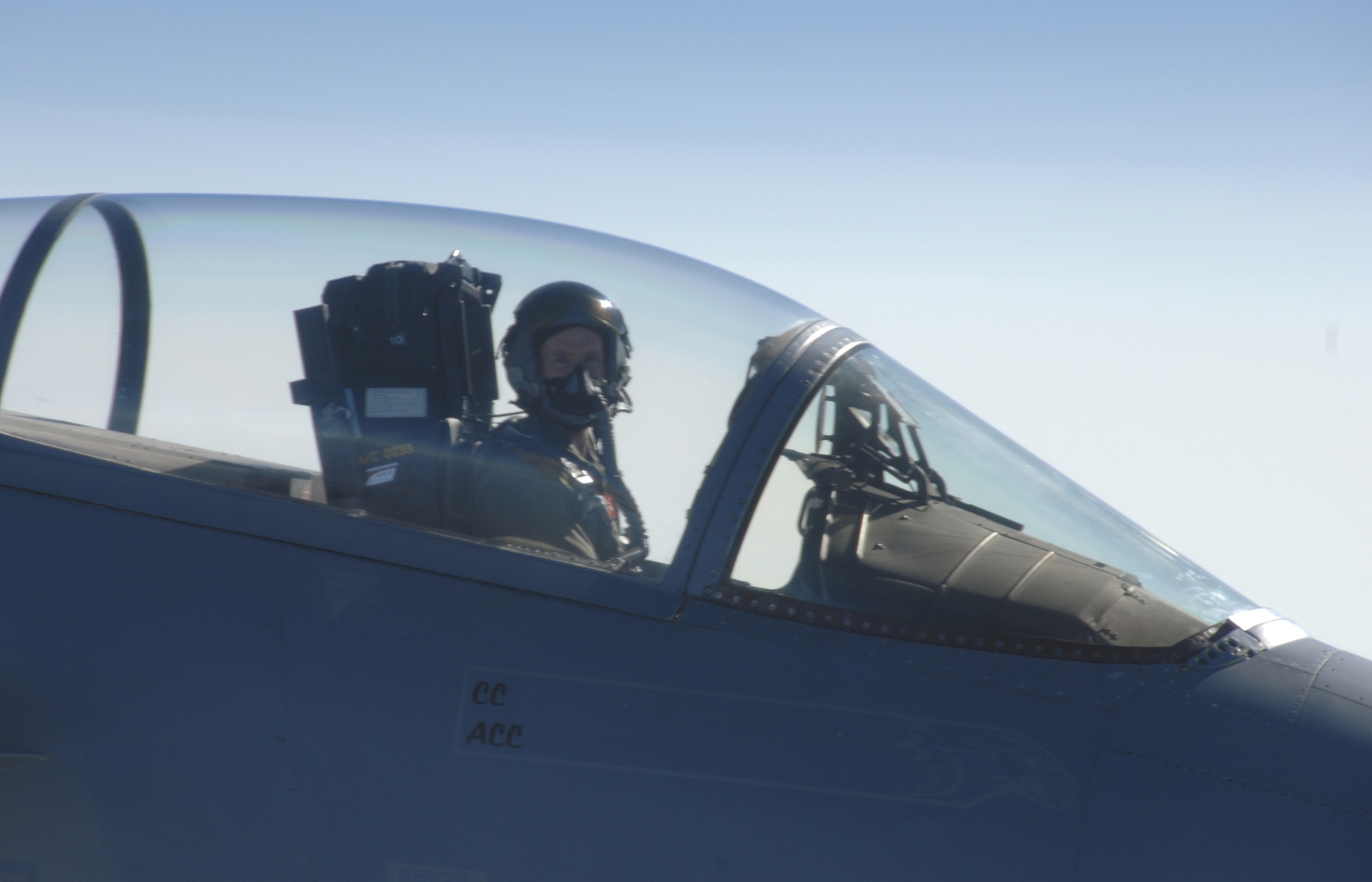 Lt. Col. John "Stick" Abell, 110th Fighter Squadron pilot, flies his F-15 Eagle in Aerial Combat Maneuvers Sept. 25.  Colonel Abell was participating with other pilots from the 110th Fighter Squadron in the training. (Photo by Capt. Timothy Reinhart)