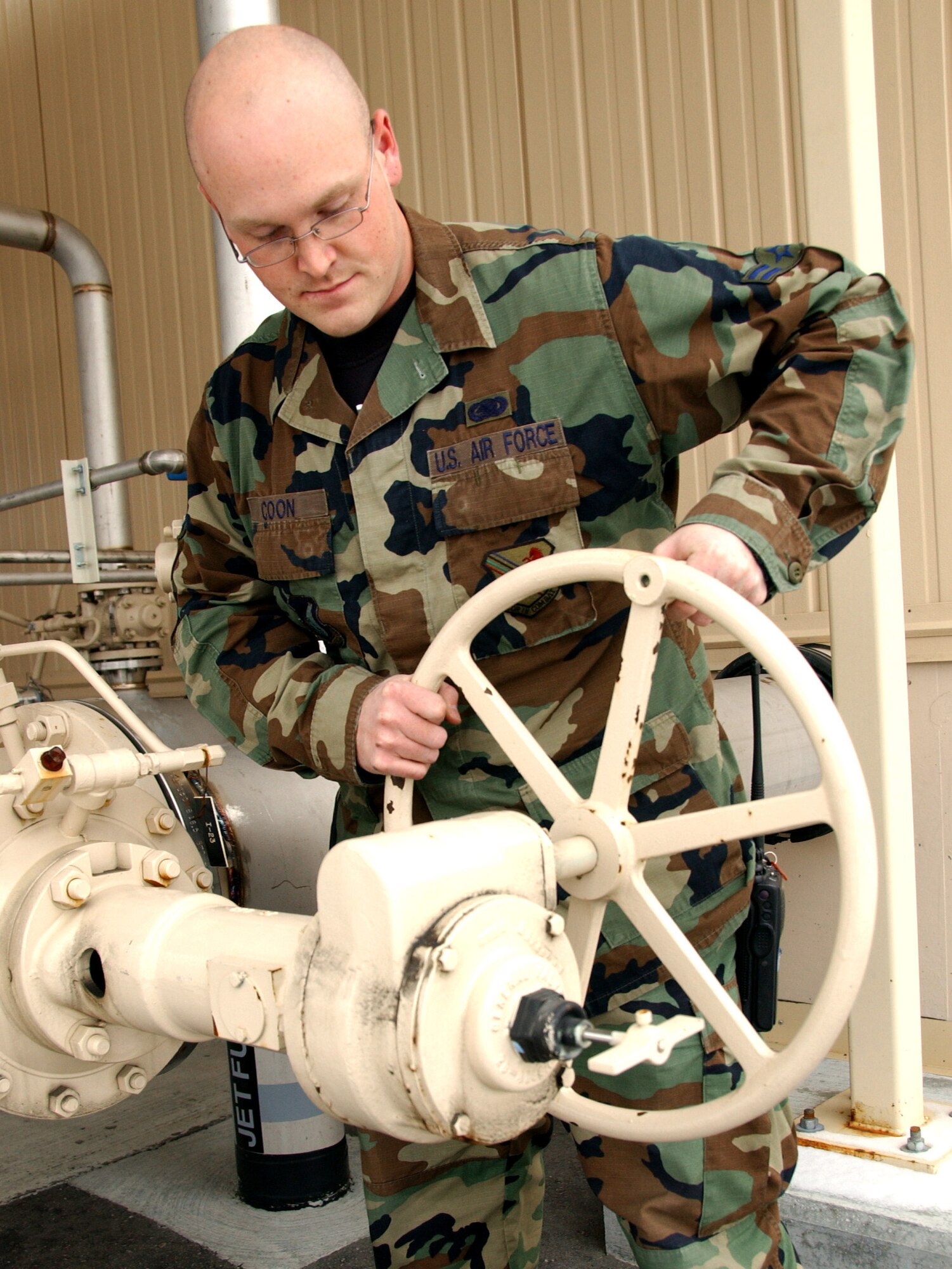 Senior Airman Christopher Coon, 354th Logistics Readiness Squadron fuels management flight, performs a test on the hydrant system for the flight line loop Oct. 6, 2008, at Eielson Air Force Base, Alaska. Airman Coon performs frequent tests on this line that goes to the flight line fill stands. (U.S. Air Force photo by Airman Laura Max)                                