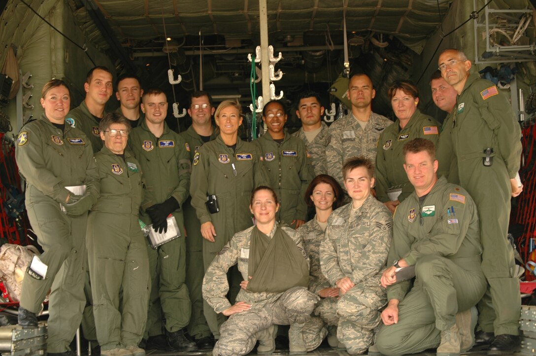Members of the 34th Aeromedical Evacuation Squadron (AES) conducted their first training mission aboard a 302nd Airlift Wing C-130.  The two and one half hour mission allowed the aeromedical technicians to train in uploading, caring for and downloading a total of seven simulated patients in various conditions ranging from serious to ambulatory.  During the training mission the technicians practice one simulated medical emergency and one in-flight emergency.  