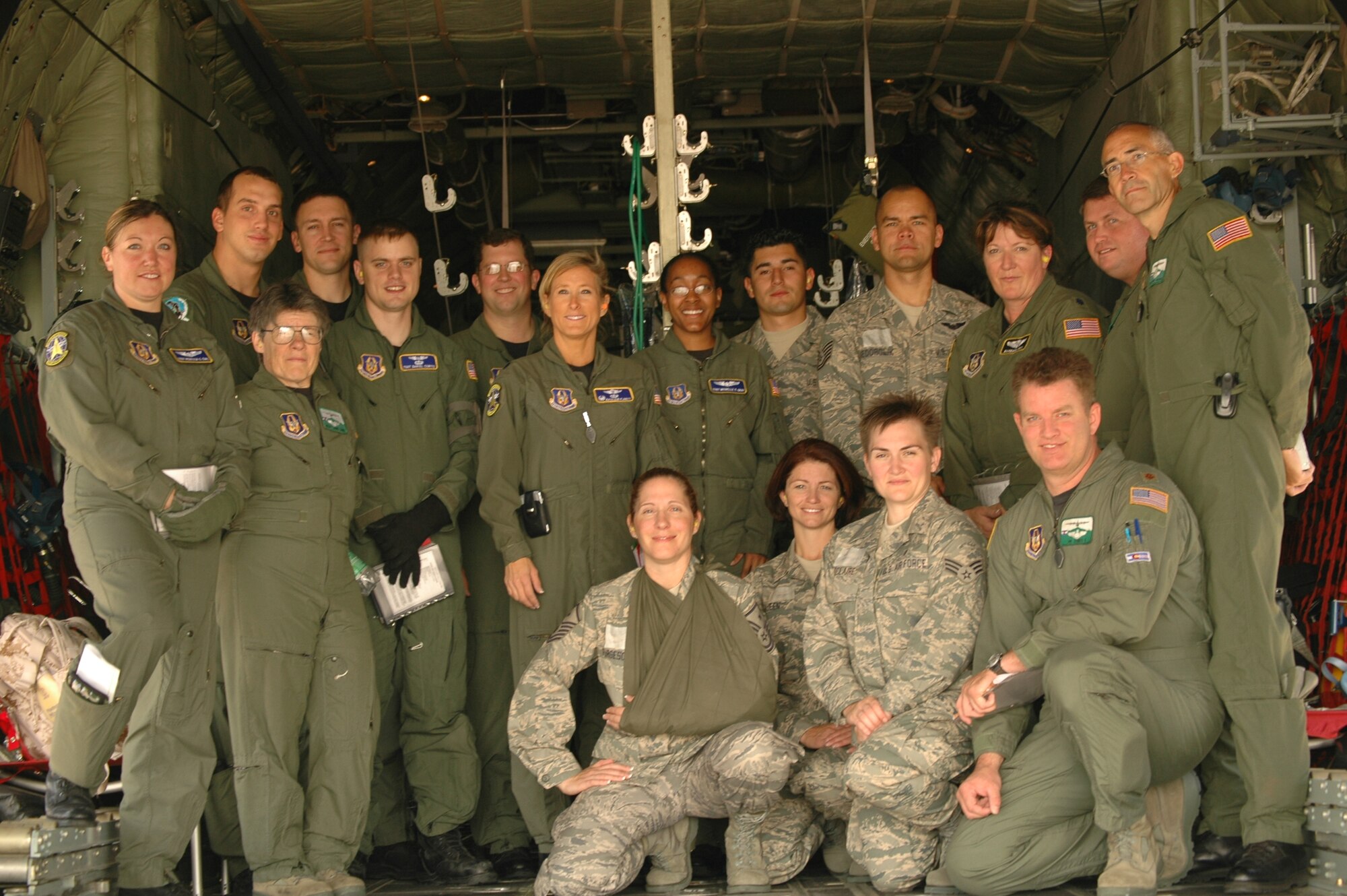 Members of the 34th Aeromedical Evacuation Squadron (AES) conducted their first training mission aboard a 302nd Airlift Wing C-130.  The two and one half hour mission allowed the aeromedical technicians to train in uploading, caring for and downloading a total of seven simulated patients in various conditions ranging from serious to ambulatory.  During the training mission the technicians practice one simulated medical emergency and one in-flight emergency.  
