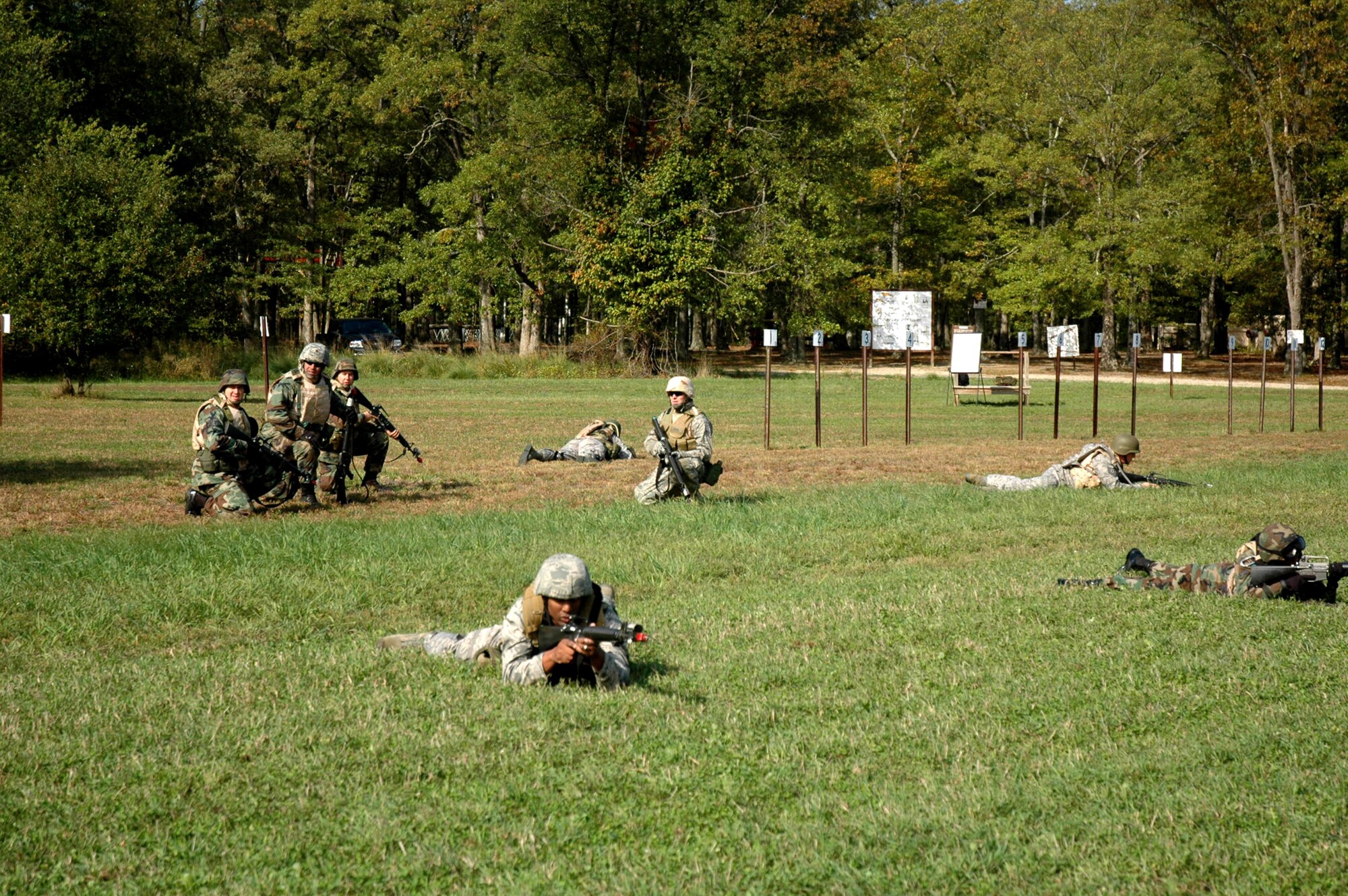 Students from the Advanced Contingency Skills Training Course 09-1 practice basic field tactics during training on a Fort Dix, N.J. range Oct 4, 2008.  ACST is taught by the U.S. Air Force Expeditionary Center's 421st Combat Training Squadron at Fort Dix and in fiscal 2008 prepared more than 1,500 Airmen for deployments. (U.S. Air Force Photo/Staff Sgt. Paul R. Evans)