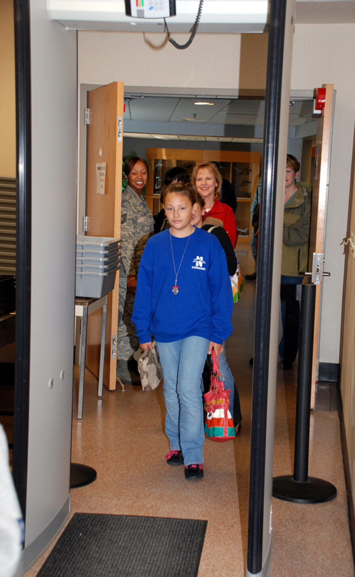Children from the North Hanover Township UES go through a security checkpoint at the Passenger Terminal Oct. 3. The children participated in a Kids Deployment Line prior to “deploying” to Camp Camel, Saudi Arabia. With approximately 60-70 percent military children in the sixth-grade classes, the goal was to help children understand more of what their parents (and friend’s parents) go through in preparation for a real-world deployment. (U.S. Air Force photo/Airman 1st Class Bekah Phy)