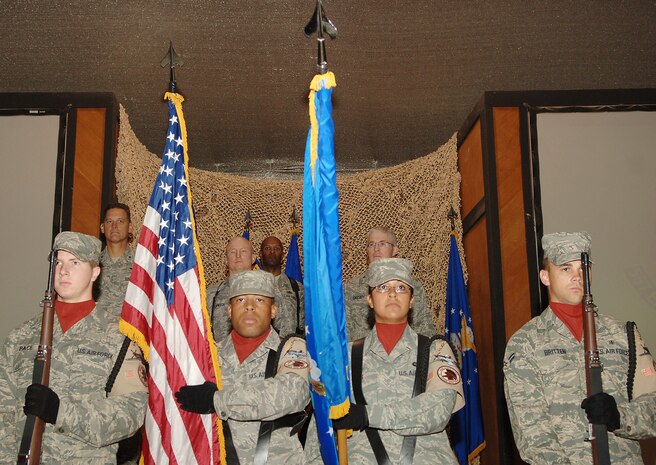 The Joint Base Balad Honor Guard posts the colors at a change-of-command ceremony for the 557th Expeditionary RED HORSE Squadron Oct. 6 at Joint Base Balad, Iraq. Cassidy will lead Airmen deployed from the 820th RED HORSE Squadron at Nellis Air Force Base, Nev. They account for more than 70 percent of all RED HORSE Airmen in U.S. Central Command's area of responsibility and will contribute to the unit's mission at 13 locations across the AOR for approximately six months. Cassidy is a native of Fort Fairfield, Maine. (U.S. Air Force photo/Tech. Sgt. Richard Lisum)081006-F-7651L-020The Joint Base Balad Honor Guard posts the colors at a change-of-command ceremony for the 557th Expeditionary RED HORSE Squadron Oct. 6 at Joint Base Balad, Iraq. Cassidy will lead Airmen deployed from the 820th RED HORSE Squadron at Nellis Air Force Base, Nev. They account for more than 70 percent of all RED HORSE Airmen in U.S. Central Command's area of responsibility and will contribute to the unit's mission at 13 locations across the AOR for approximately six months. Cassidy is a native of Fort Fairfield, Maine. (U.S. Air Force photo/Tech. Sgt. Richard Lisum)