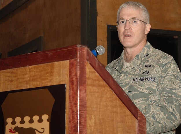 Col. Wilfred Cassidy speaks at a change-of-command ceremony for the 557th Expeditionary RED HORSE Squadron Oct. 6 at Joint Base Balad, Iraq. Cassidy will lead Airmen deployed from the 820th RED HORSE Squadron at Nellis Air Force Base, Nev. They account for more than 70 percent of all RED HORSE Airmen in U.S. Central Command's area of responsibility and will contribute to the unit's mission at 13 locations across the AOR for approximately six months. Cassidy is a native of Fort Fairfield, Maine. (U.S. Air Force photo/Tech. Sgt. Richard Lisum)