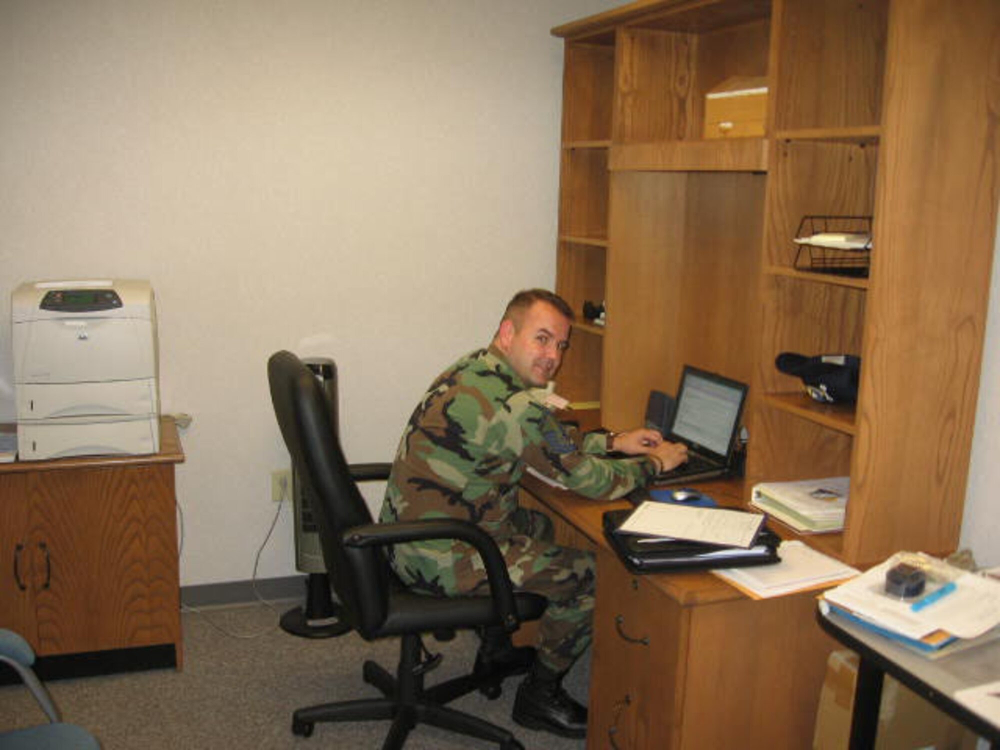 SEYMOUR JOHNSON AIR FORCE BASE, N.C. -- A first sergeant's work is never done!  Master Sgt. Shane Lynch is the 916th Communications Squadron newly appointed first sergeant.  Prior to his new assignment, Sgt. Lynch was the operations flight chief with the squadron.