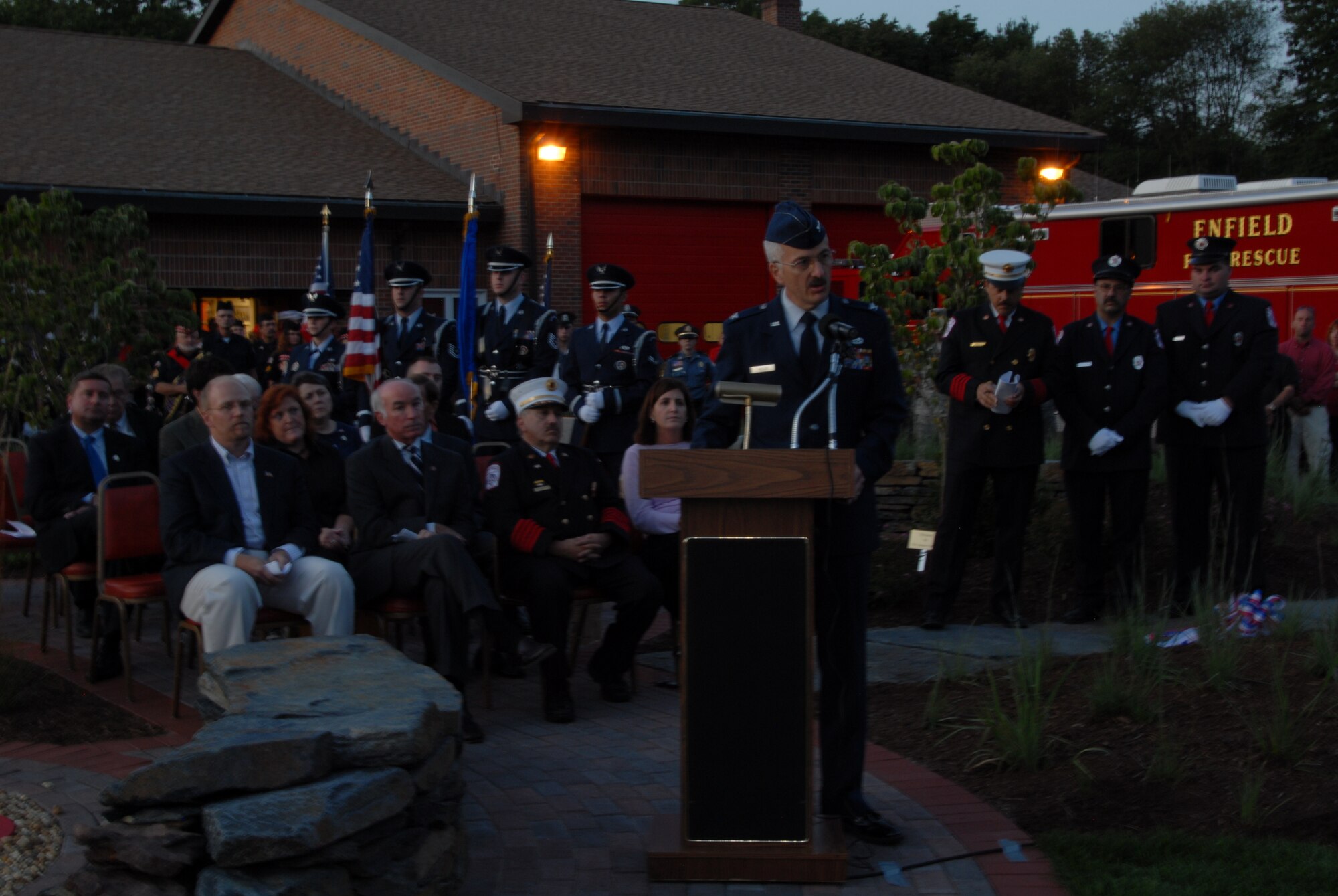 Col. Fredrick R. Miclon, Director of Staff for Air, Joint Force Headquarters, Connecticut Air National Guard, speaks during the 9-11 Memorial Service at the Enfield Fire Department, Enfield, Conn. on September 11, 2008. (U.S. Air Force Photo by Senior Airman Kerry P. Carbonell)
