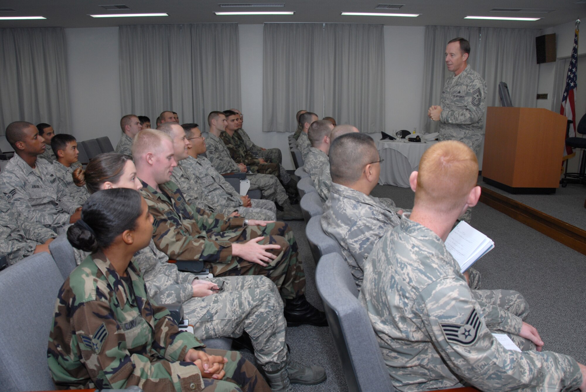 MISAWA AIR BASE, Japan -- Chief Master Sgt. Anthony Bishop, Pacific Air Forces command chief master sergeant, speaks with students at the Airman Leadership School Oct. 6, 2008. He discussed the importance of education in the Air Force, beginning with the career development course and continuing on to leaving the Air Force with a bachelor's or master's degree. (U.S. Air Force photo by Senior Airman Laura McFarlane)