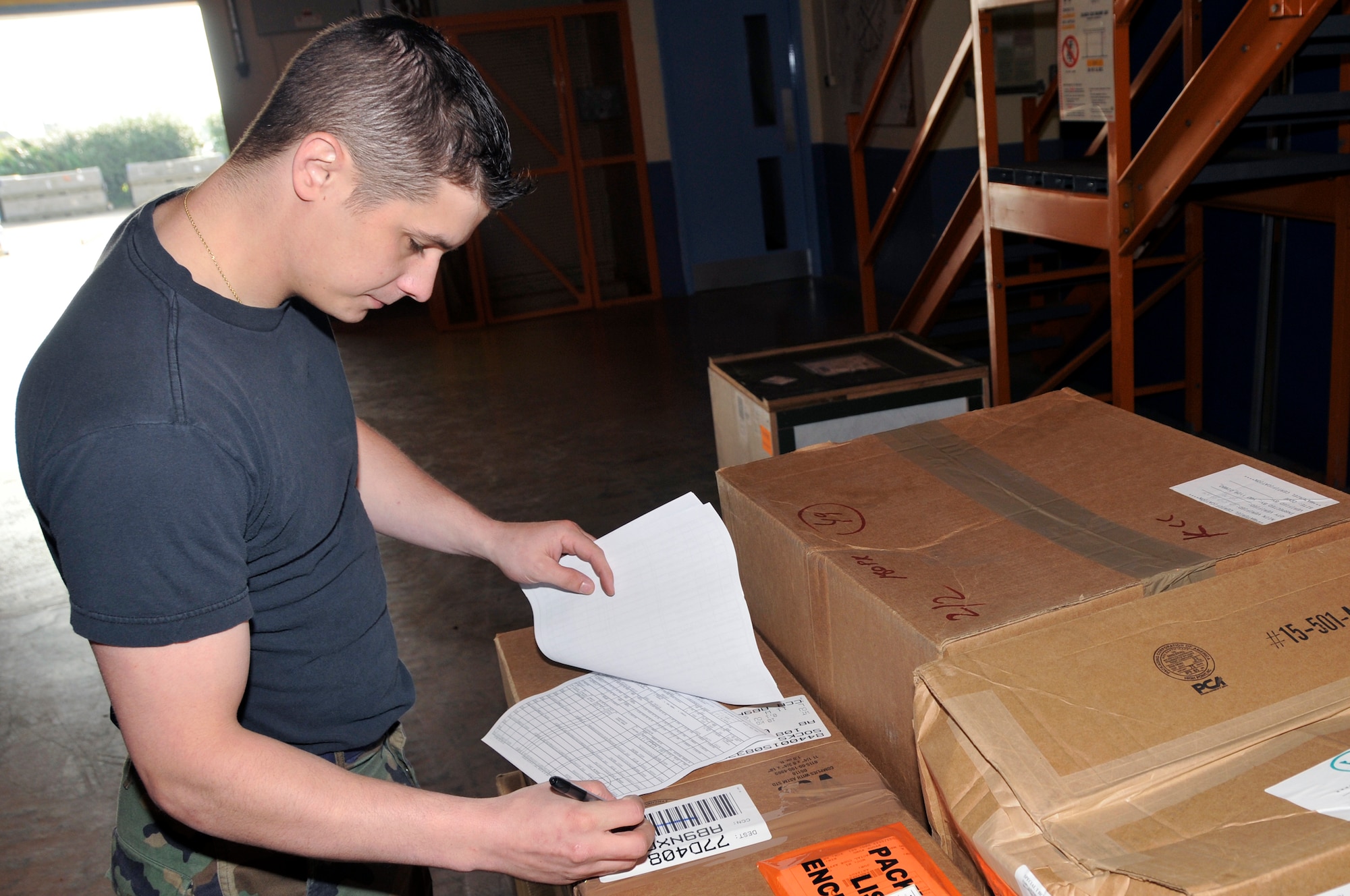 Airman 1st Class Aaron Valdes, 48th Logistics Readiness Squadron Traffic Management Office inbound clerk, verifies his cargo manifest to account for all cargo recieved Sept. 18 at RAF Lakenheath, England. Inside their 35,000 square foot warehouse, the inbound department here receives all shipments to the base. (U.S. Air Force photo by Airman 1st Class Perry Aston)