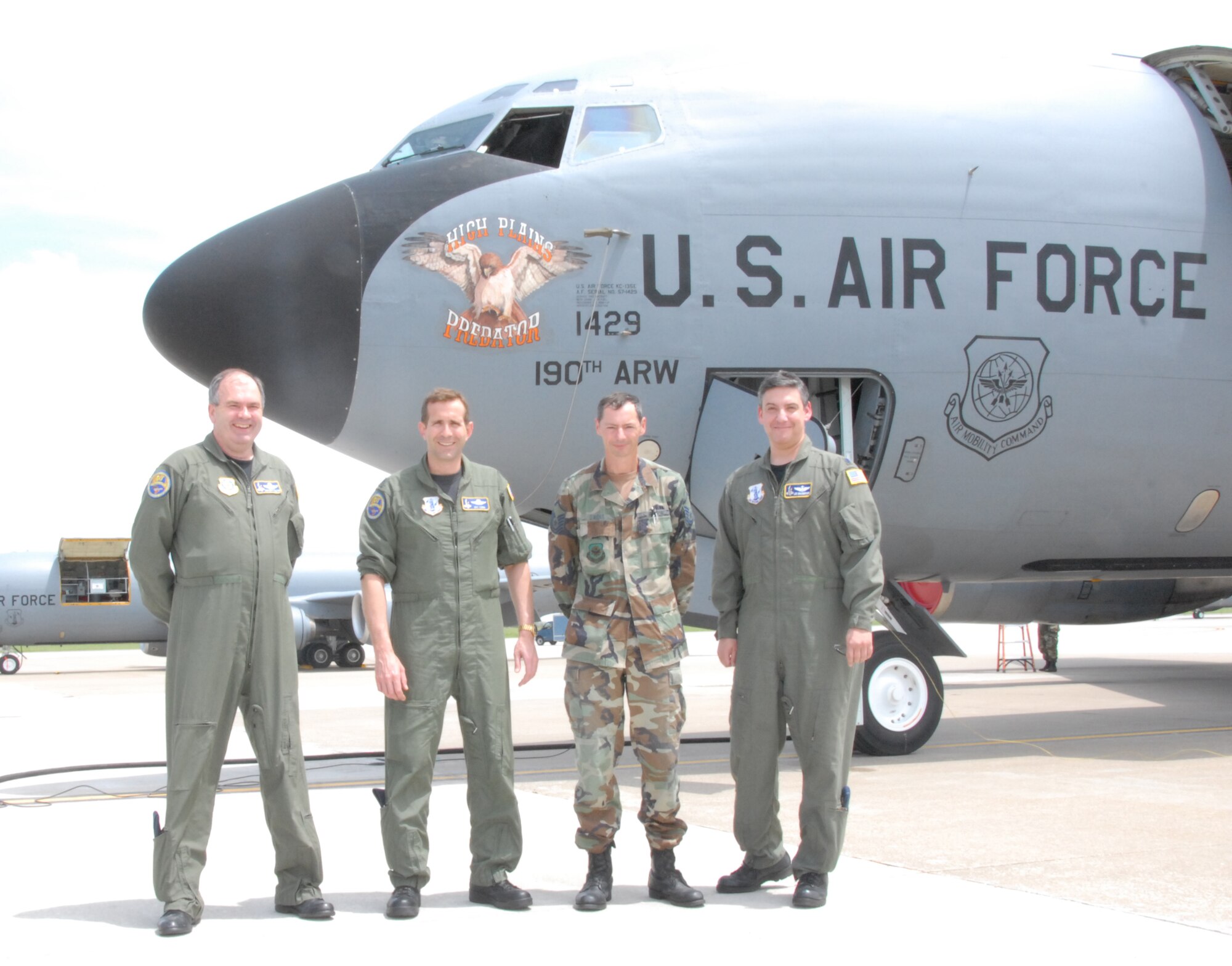 Senior Master Sgt. Keith Fulton, Lt. Col. John Kerns, Master Sgt. Paul Owens and Lt. Col. Lee Grunberger were the crew of the last “E” model flight of the 190th Air Refueling Wing. (Photo by: Master Sgt Allen Pickert, 190th ARW/PA)