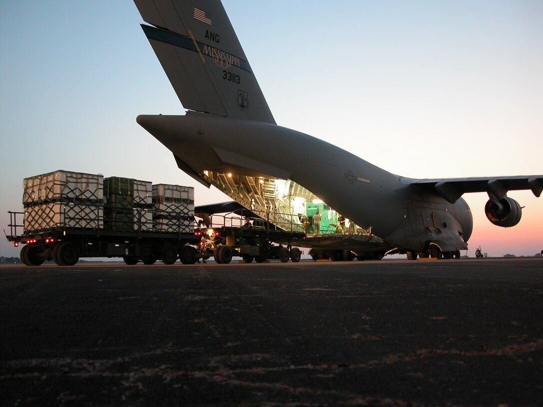 The 190th ARW’s EMEDS prepares for departure to Bay St. Louis, Mississippi in support of Hurricane Katrina. Two Mississippi ANG C-17s flew the Kansas asset to the gulf region. (photo by Lt Col Chris Stratmann)