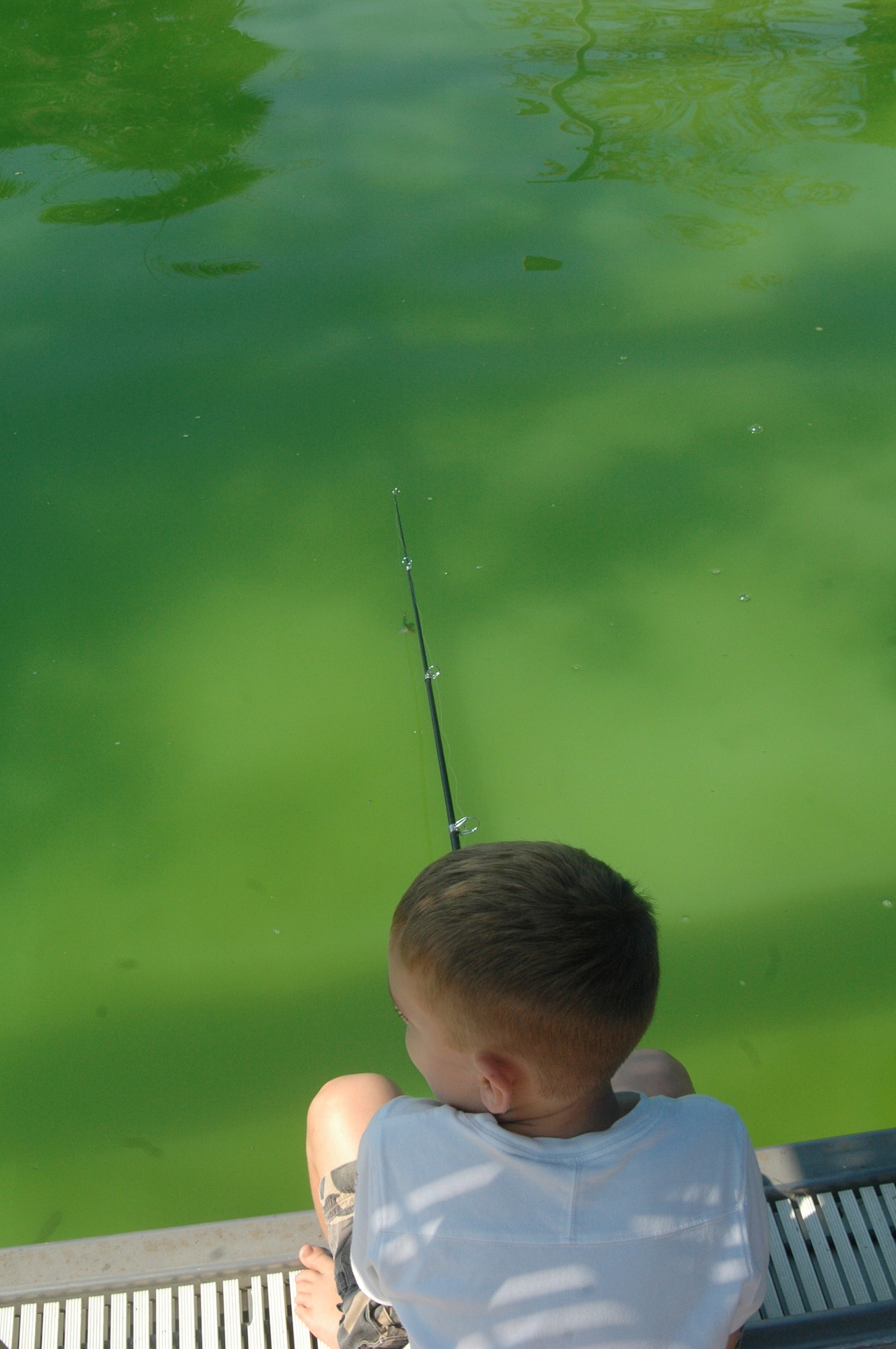 Justin Cole fishes for striped bass at the Charleston AFB Fishing Derby Oct. 4 at the base pool. The Charleston AFB Fishing Derby was an opportunity for base members to fish for fun. Justin is the son of Chief Master Sgt. Robert Cole, 1st Combat Camera Squadron. (U.S. Air Force photo/Staff Sgt. Sam Hymas)