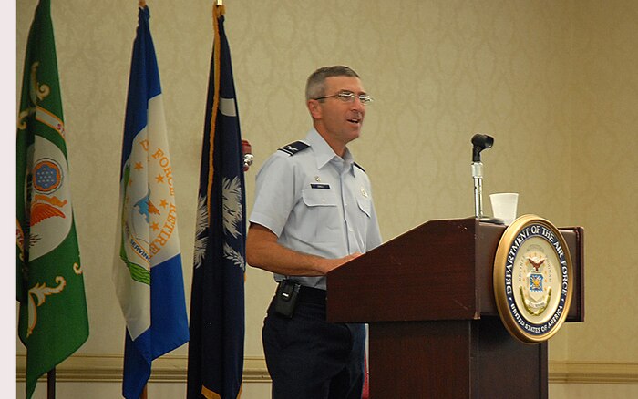 Col. Frank Jones speaks to more than 250 retirees and family members attending the Charleston AFB and Naval Weapons Station Charleston Military Retiree and Spouse Appreciation Day Oct. 4 at the Charleston Club. The military retiree appreciation day is held annually to inform retirees and their family members about up-to-date information offered on Charleston AFB and Naval Weapons Station Charleston. Colonel Jones is the 437th Mission Support Group commander. (U.S. Air Force photo/Master Sgt. Paul Kilgallon)