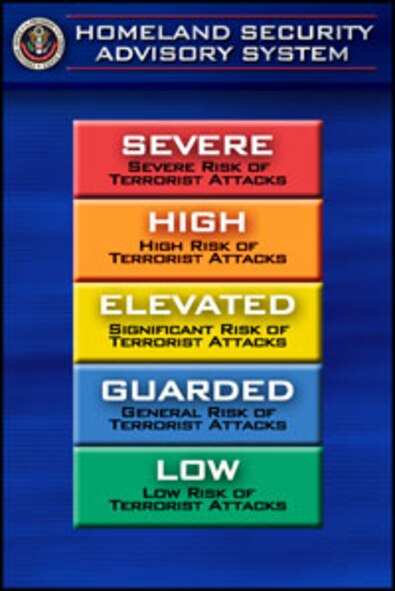 MINOT AIR FORCE BASE, N.D. -- To determine Minot AFB’s Force Protection Condition posture, four factors were considered:  a terrorist’s operational capability, intentions, activity, and the operating environment.  Analysts evaluate the influencing elements for each factor to determine where installations fall on the Threat Level System. (Courtesy graphic)