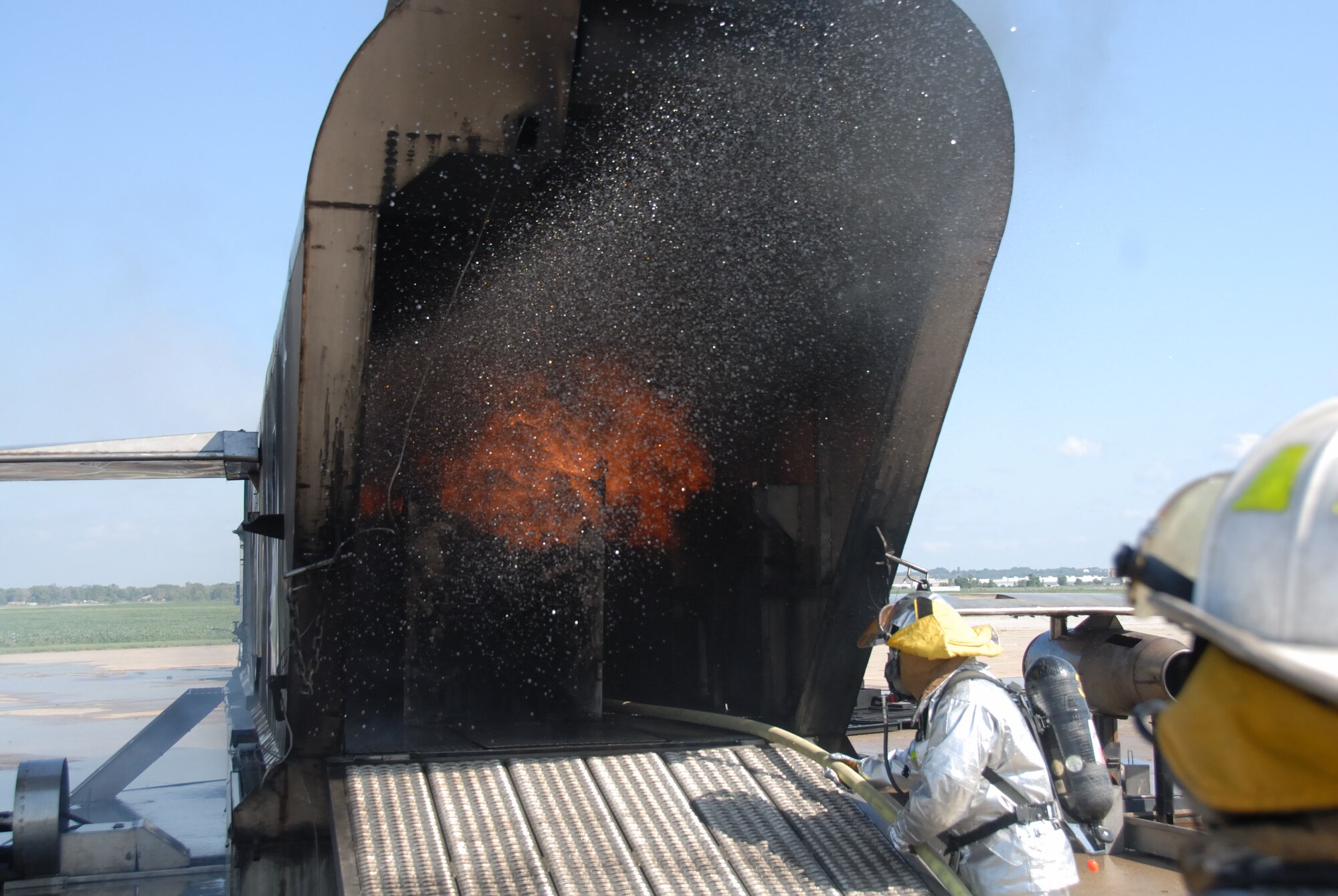 August 26, 2008, Sioux City, IA.- Firemen from the 185th Air Refueling Wing, Iowa Air National Guard, in Sioux City Iowa conduct their mandatory annual training on a mock-up downed jet. The training jet is brought from the University of Missouri and is used for fireman training to apply their knowledge to scenarios set up for downed aircraft. The training is a requirement by the Guard Bureau and the Federal Aviation Administration.


Official Air Force Photo by: Oscar M. Sanchez-Alvarez
