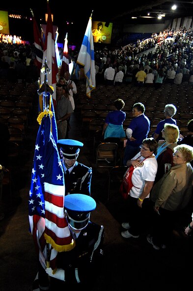 MINOT, N.D. – Senior Airman Tawny Greer, 5th Logistics Readiness Squadron at Minot Air Force Base, leads her detail during the parade of flags at the All Seasons Arena here Oct. 2.  As a way to thank military members for their service, Oct.1 and 2 was deemed military appreciation day at the Norsk Hostfest. Active-duty military members and their family received free general admission into the event. (U.S. Air Force photo by Senior Airman Kelly Timney)