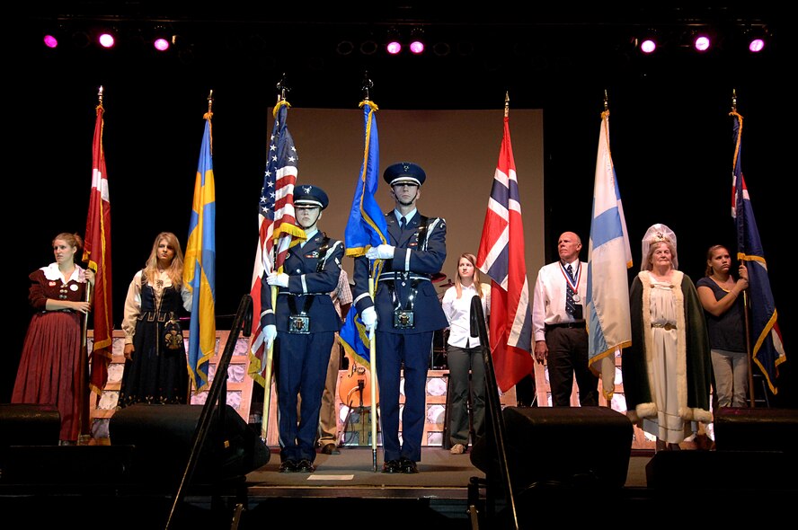 MINOT, N.D. – Members from the Minot Air Force Base honor guard present the colors of the United States during the parade of Flags at the All Seasons Arena here Oct. 2.  As a way to thank military members for their service, Oct.1 and 2 was deemed military appreciation day at the Norsk Hostfest. Active-duty military members and their family received free general admission into the event. (U.S. Air Force photo by Senior Airman Kelly Timney)