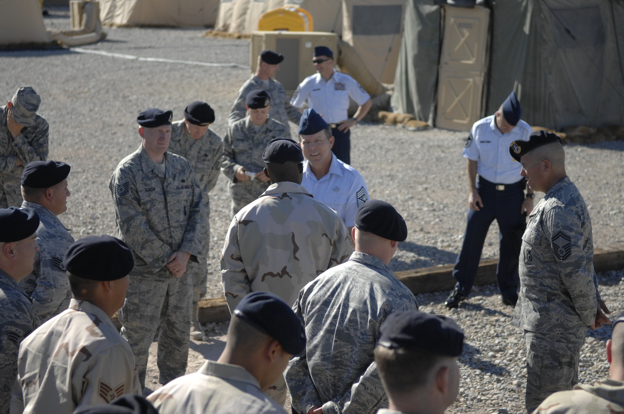 CREECH AFB, Nev. – Chief Master Sergeant of the Air Force Rodney J. McKinley visits with Airmen assigned to the 99th Ground Combat Training Squadron Oct. 6. The squadron provides advanced ground combat weapons and tactics instruction that enhance the combat capabilities of U.S. Air Force ground forces essential to sortie generation who are confronted with a potential for combat during hostilities. (U.S. Air Force photo/Airman 1st Class Stephanie Rubi) 