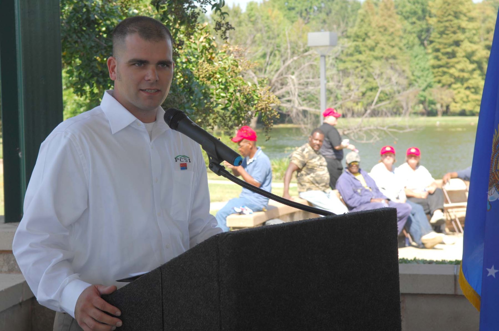 SHAW AIR FORCE BASE, S.C. -- Retired Army Specialist Nathan Short speaks about how Ability One helped him after he was severely injured during Operation Iraqi Freedom during the Ability One Appreciation Picnic Oct. 8. Ability One provides jobs for disabled personnel on military installations throughout the country. (U.S. Air Force photo/Senior Airman Matthew Davis)