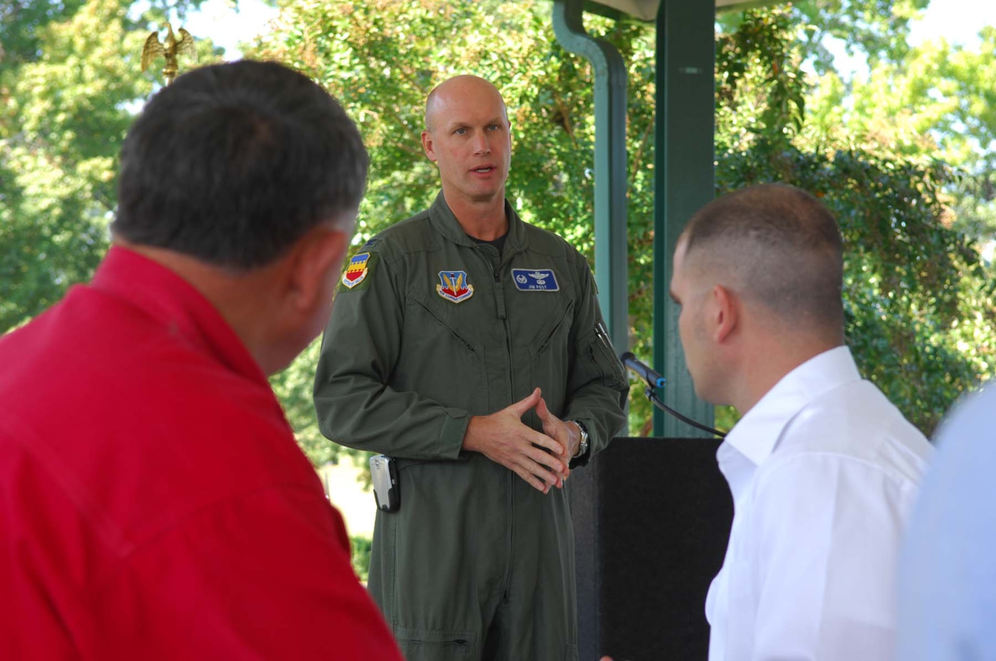 SHAW AIR FORCE BASE, S.C. -- Col. James Post, 20th Fighter Wing commander, speaks to a crowd during the Ability One Appreciation Picnic Oct. 8. Ability One provides jobs for disabled personnel on military installations throughout the country. (U.S. Air Force photo/Senior Airman Matthew Davis)