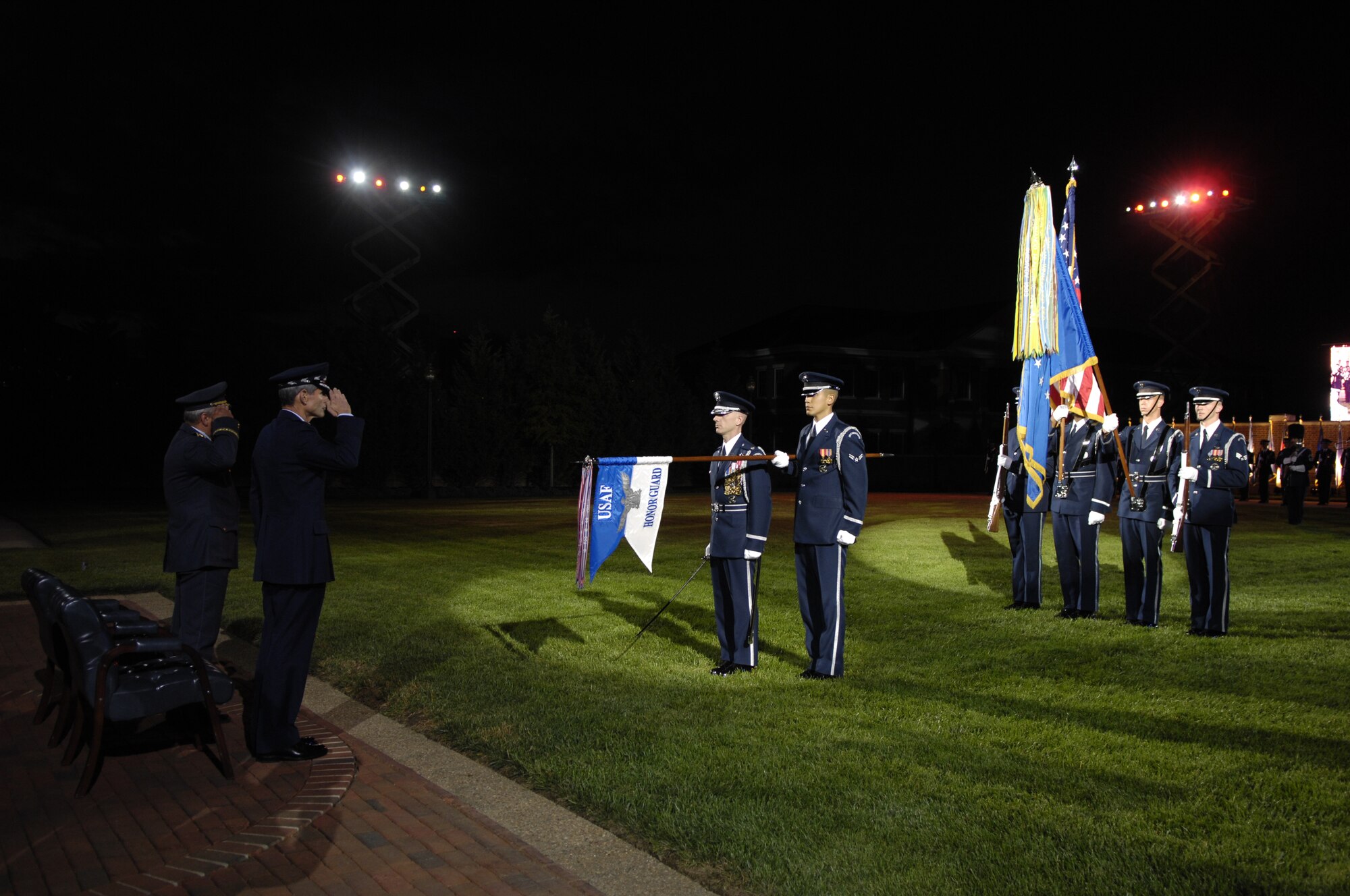 The colors are presented during the Tattoo on Bolling Oct. 6. The tattoo, themed "Securing Our Freedom," was held in conjunction with the 2008 NATO Air Chiefs' Conference hosted by Gen. Norton A. Schwartz, Air Force chief of staff.  (U.S. Air Force photo by Senior Airman Marleah Miller) (Released)
